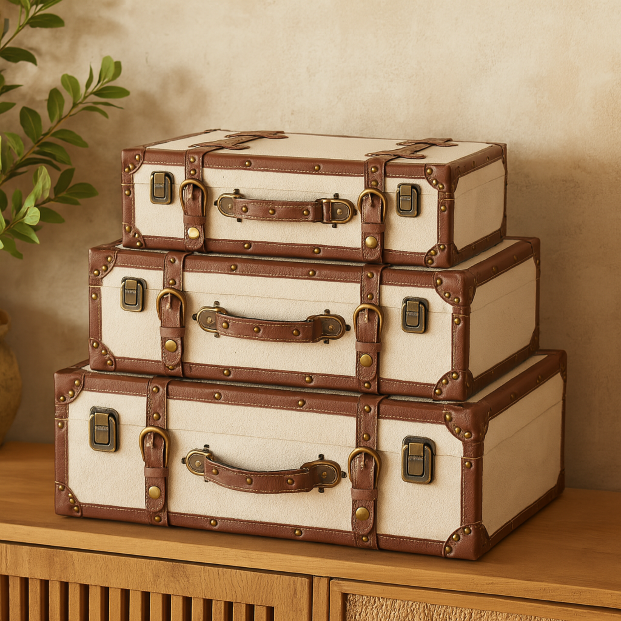 Set of 3 Light Gray Wooden Vintage Storage Decorative Trunk with Brown Leather Accents and Bronze Latches