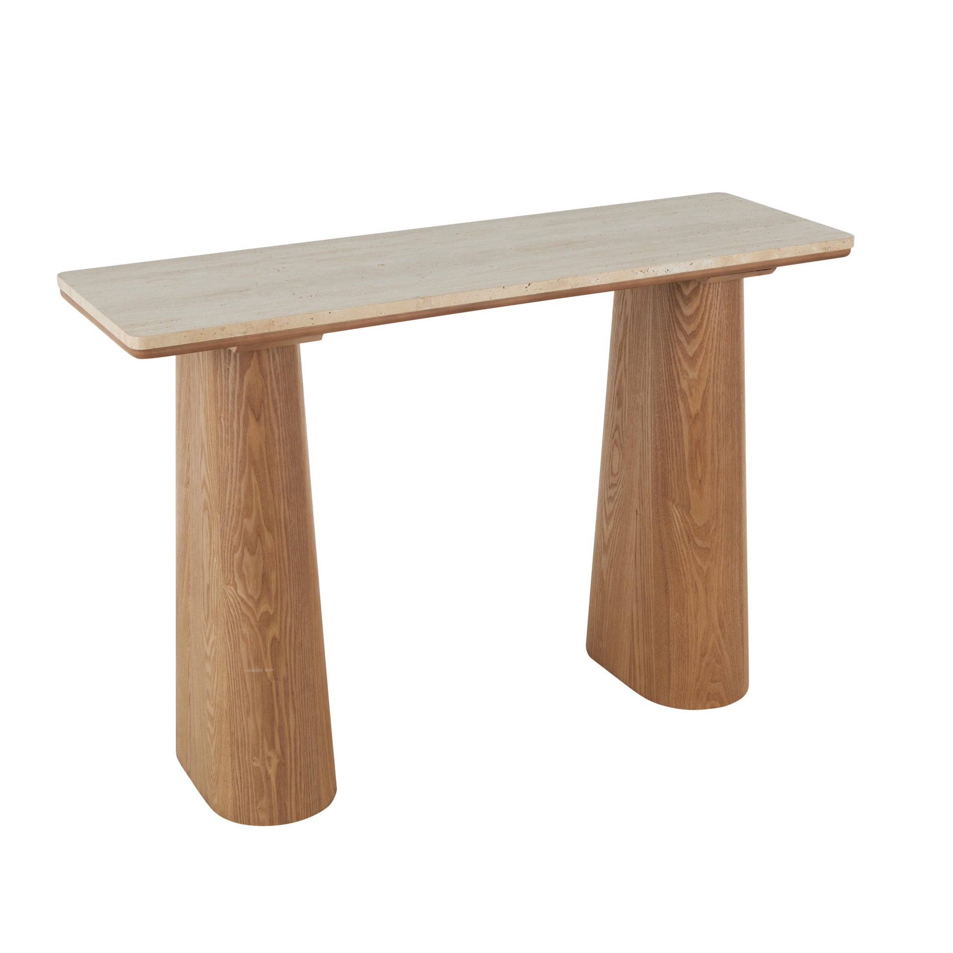 Brown Wood Rectangular Living Room Console Table with Rectangle Beige Marble Tabletop