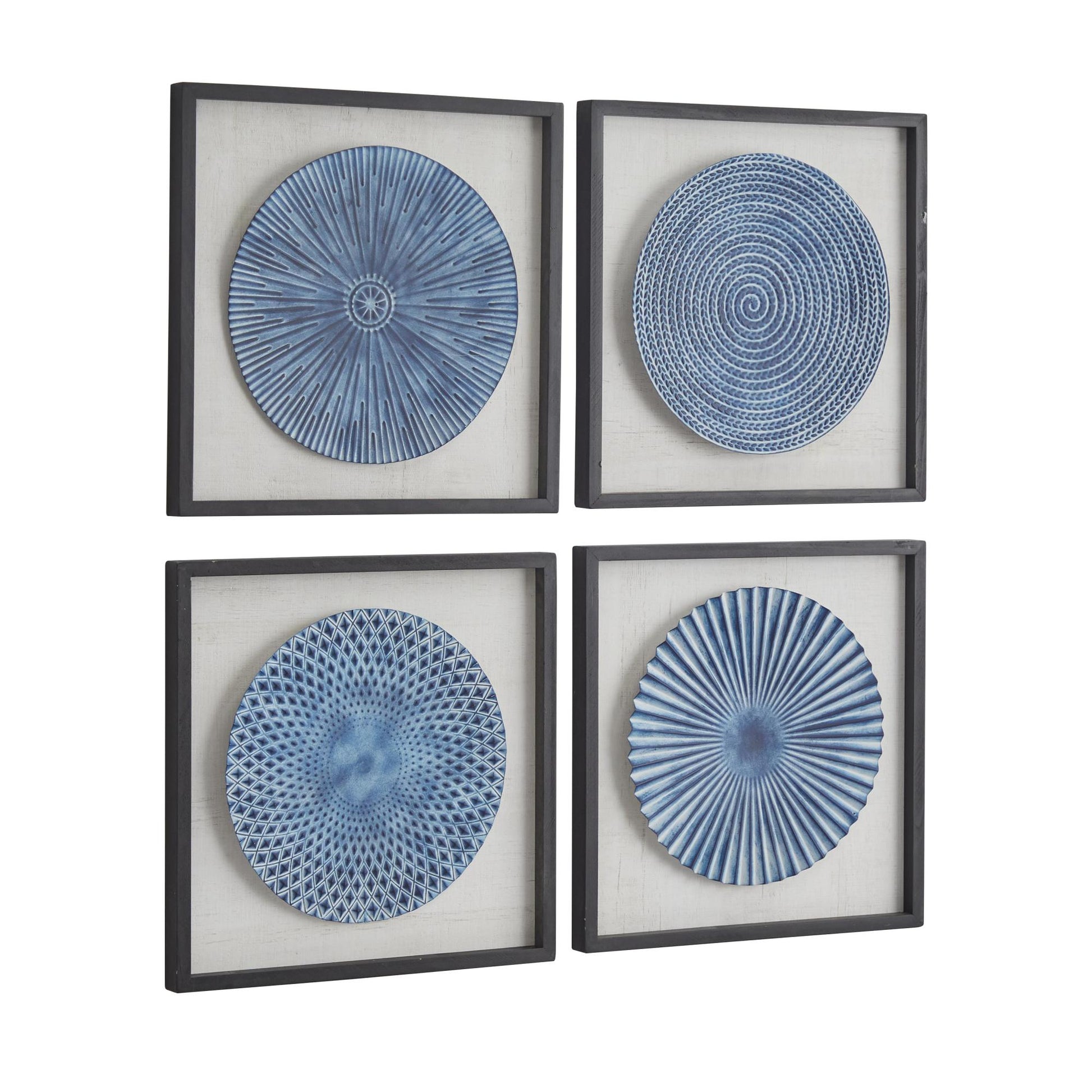 Set of 4 Starburst Blue Metal 3D Spiral Plate Living Room Framed Wall Art with Black Wood Frames