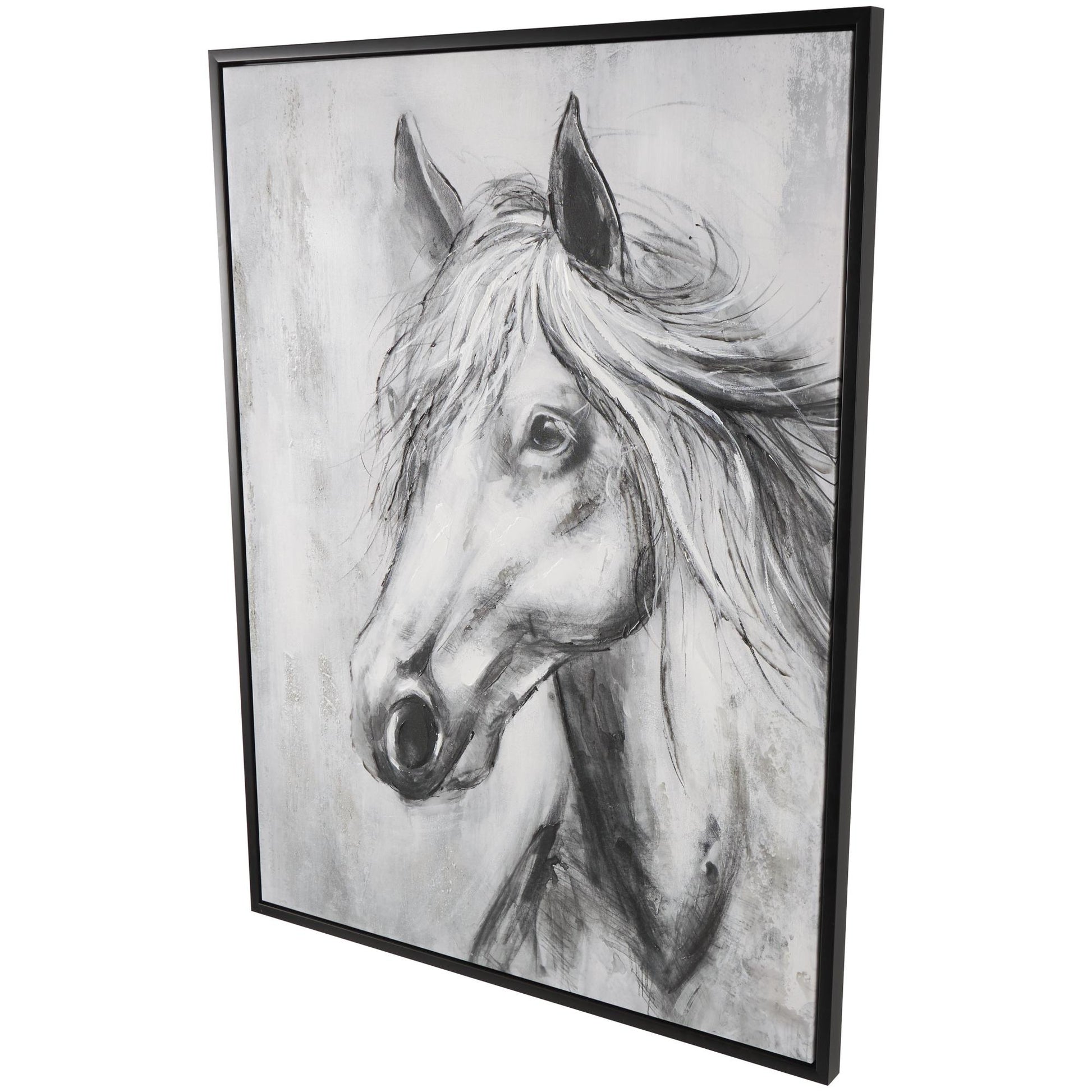 Horse Black Canvas Hand Drawn Inspired Shaded Living Room Framed Wall Art with White Background