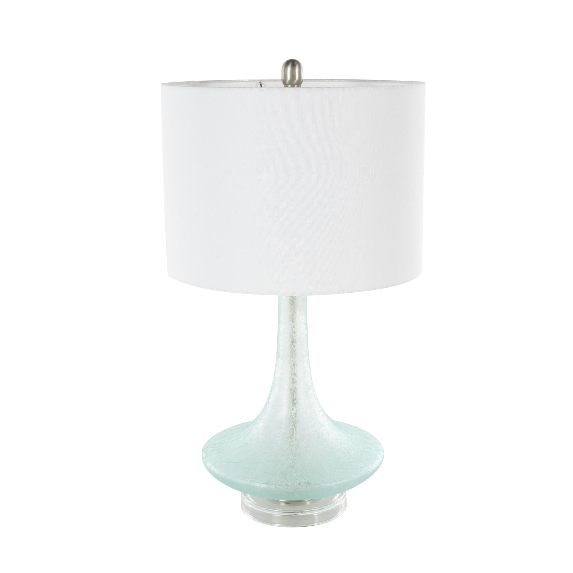 Teal Glass Textured Frosted Round Room Table Lamp with White Drum Shade and Silver Base