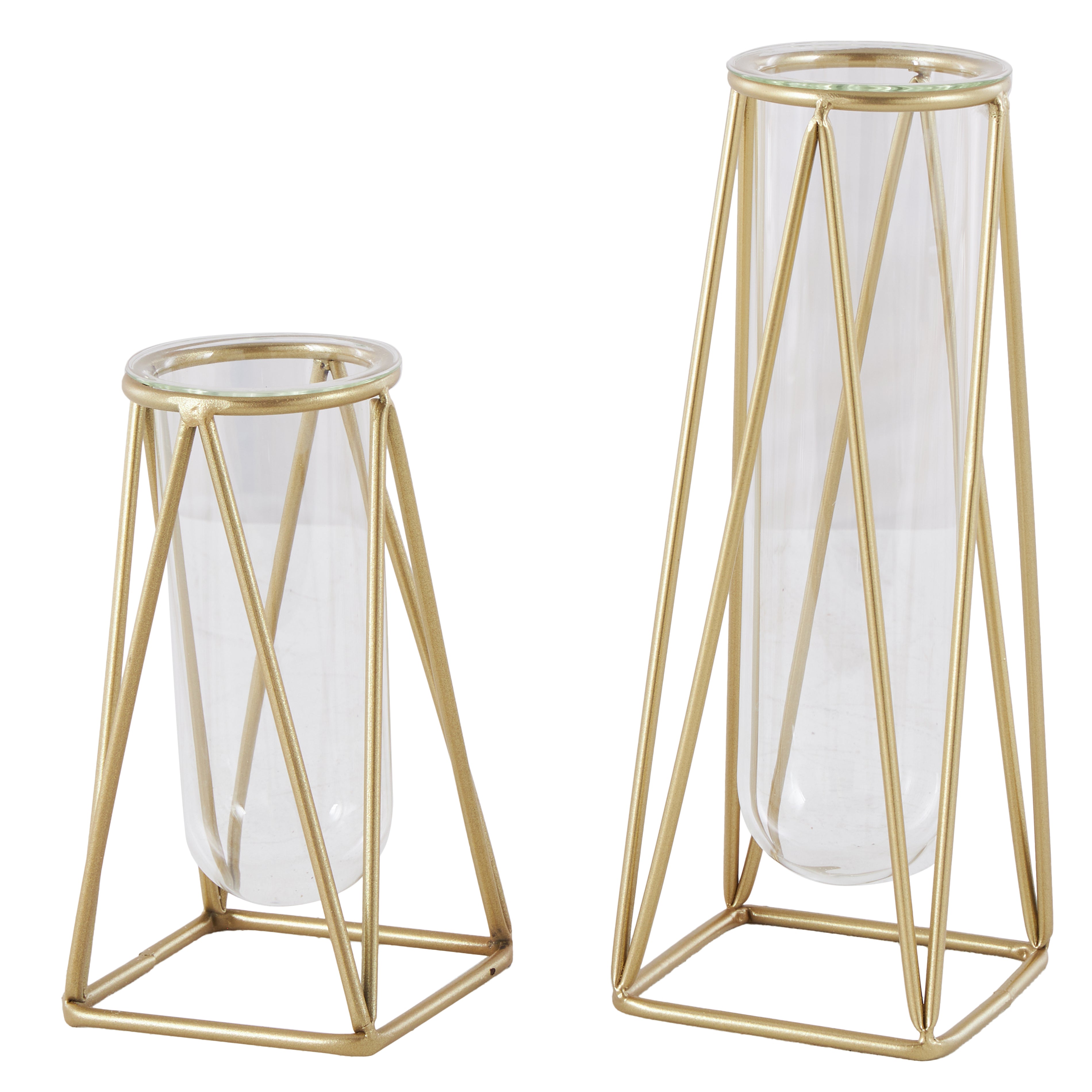 Set of 2 Geometric Glass Tube Decorative Vase with Metal Stand