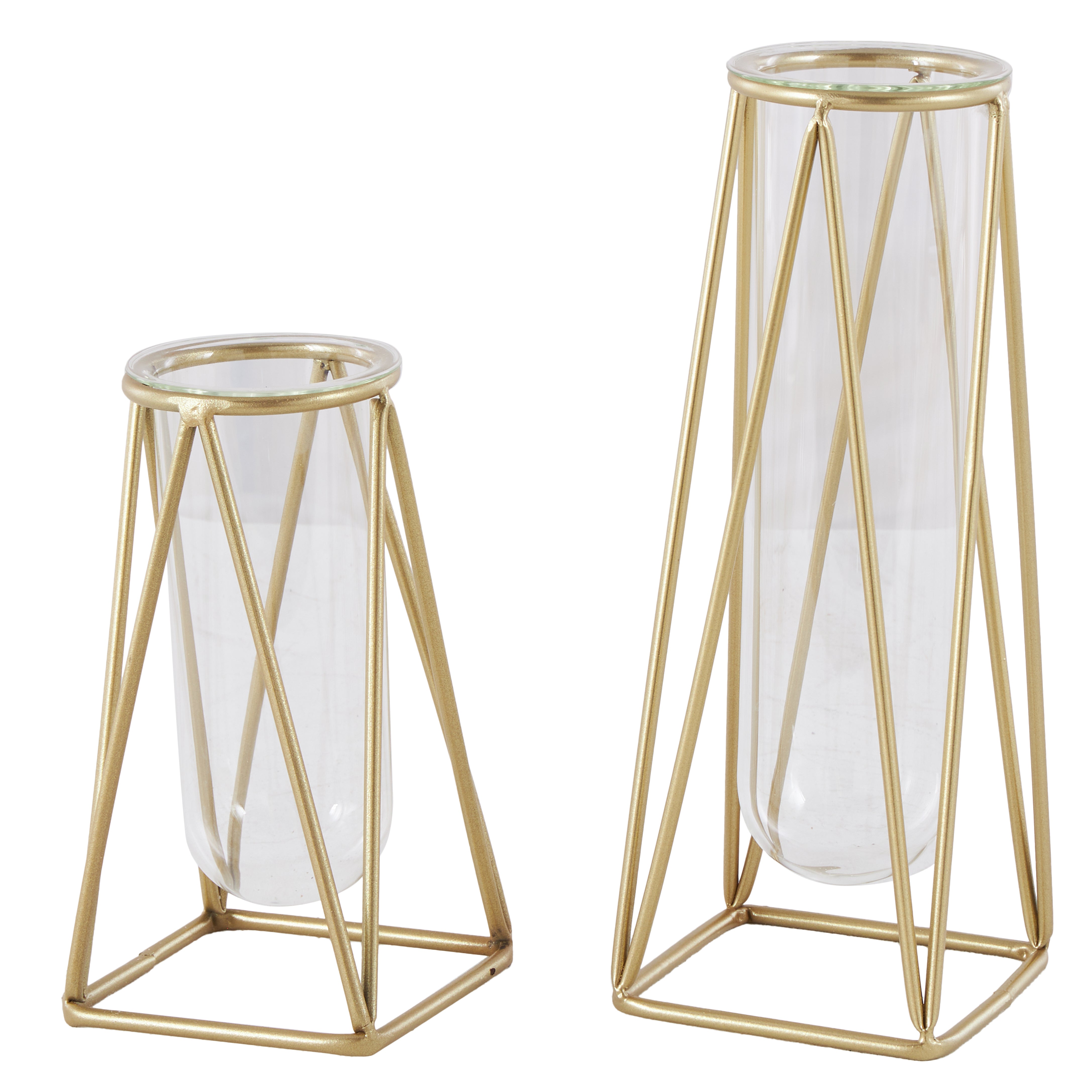 Set of 2 Geometric Glass Tube Decorative Vase with Metal Stand