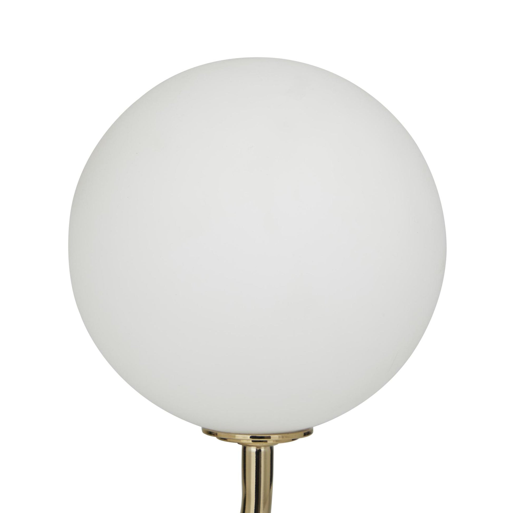 Gold Metal Curved Orb 2 Light Room Table Lamp with White Glass Shades and Marble Base