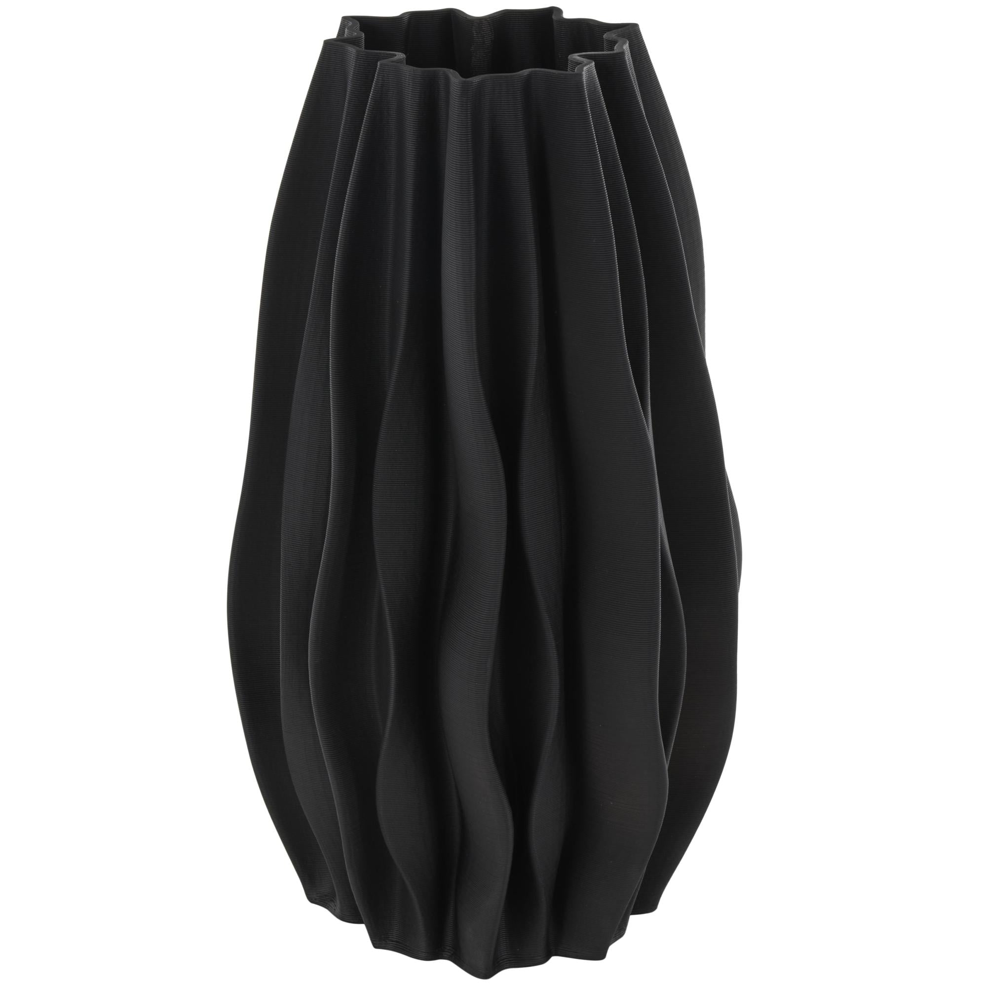 Abstract Black Ceramic Dimensional Wavy Ribbed Decorative Vase with Floral Shaped Rim