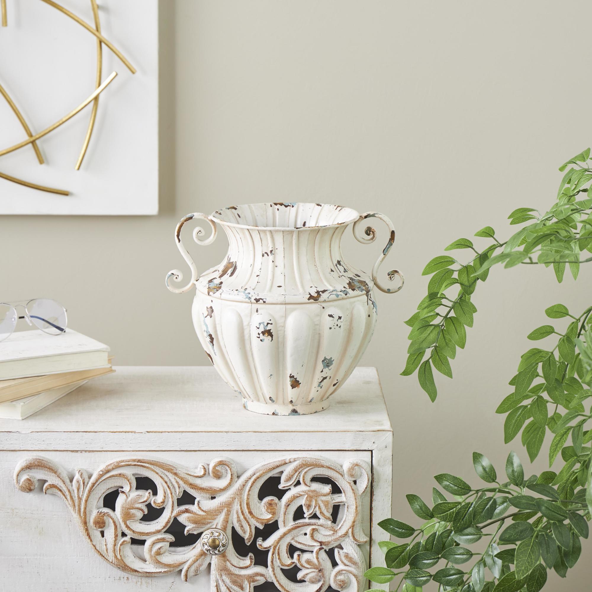 Scroll Cream Metal Vintage Amphora Decorative Vase with Brown and Teal Distressing and Scroll Handles
