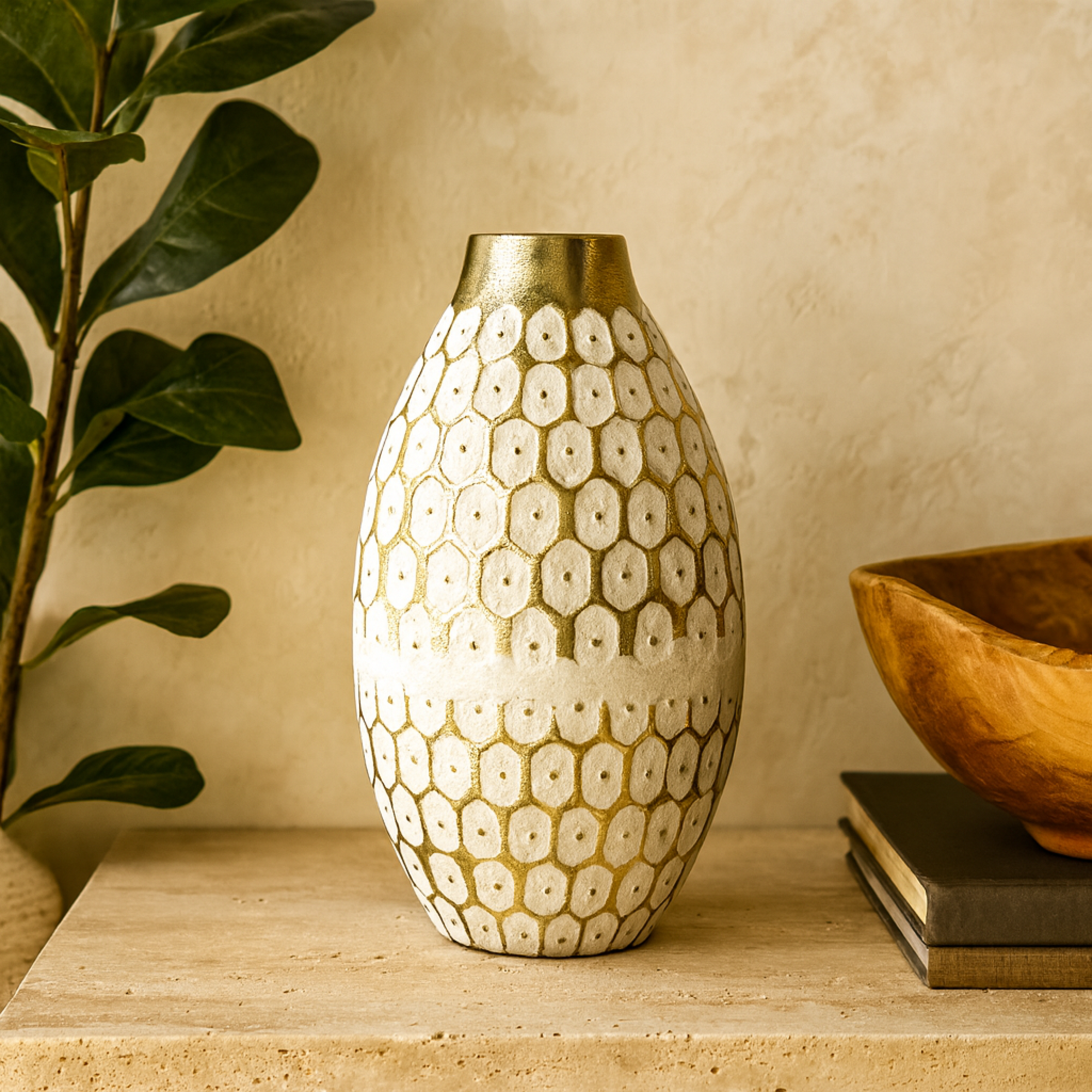 Geometric Gold Metal Geometric Dot Decorative Vase with White Accents