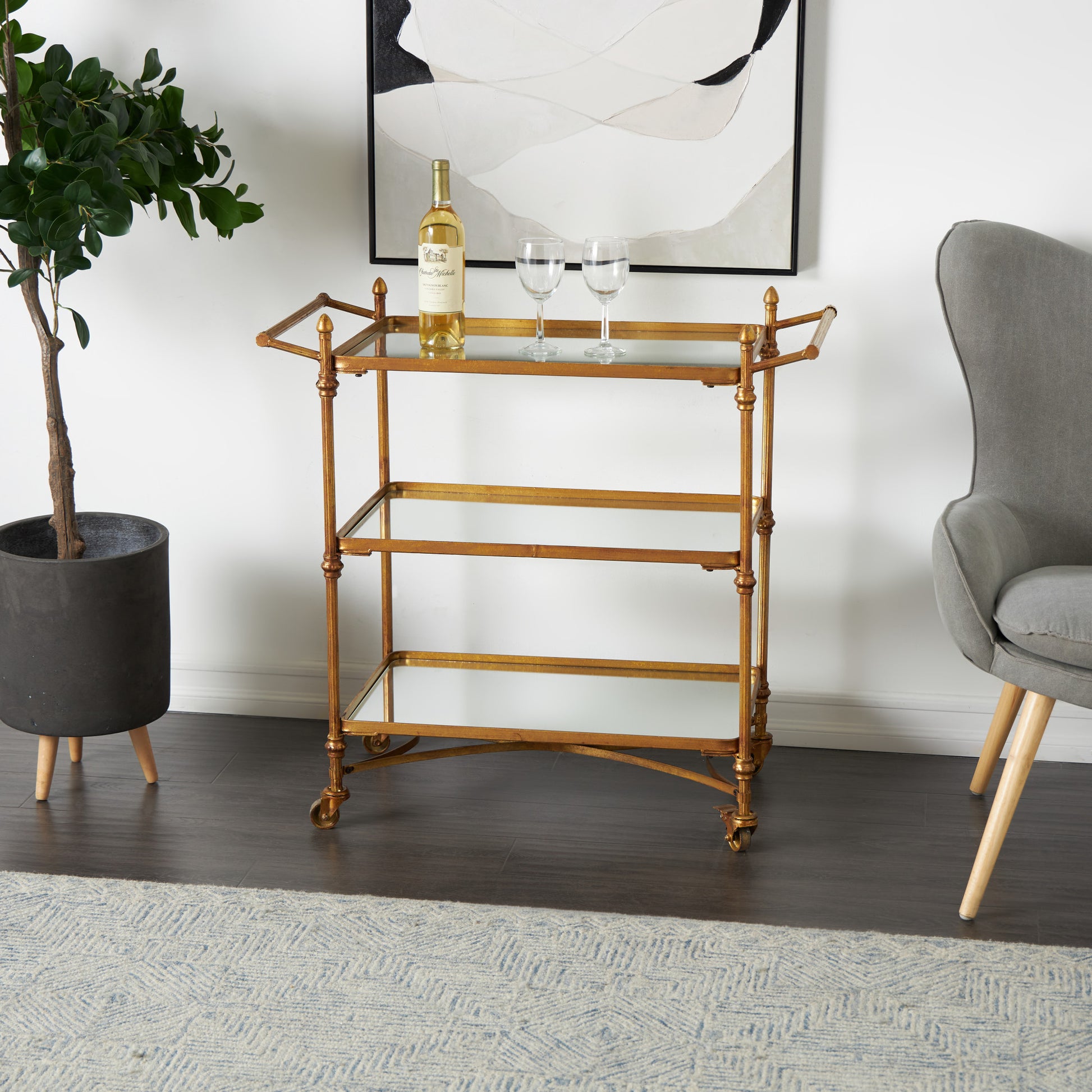 Brass Metal Rolling 3 Shelf Home Bar Cart with Handles