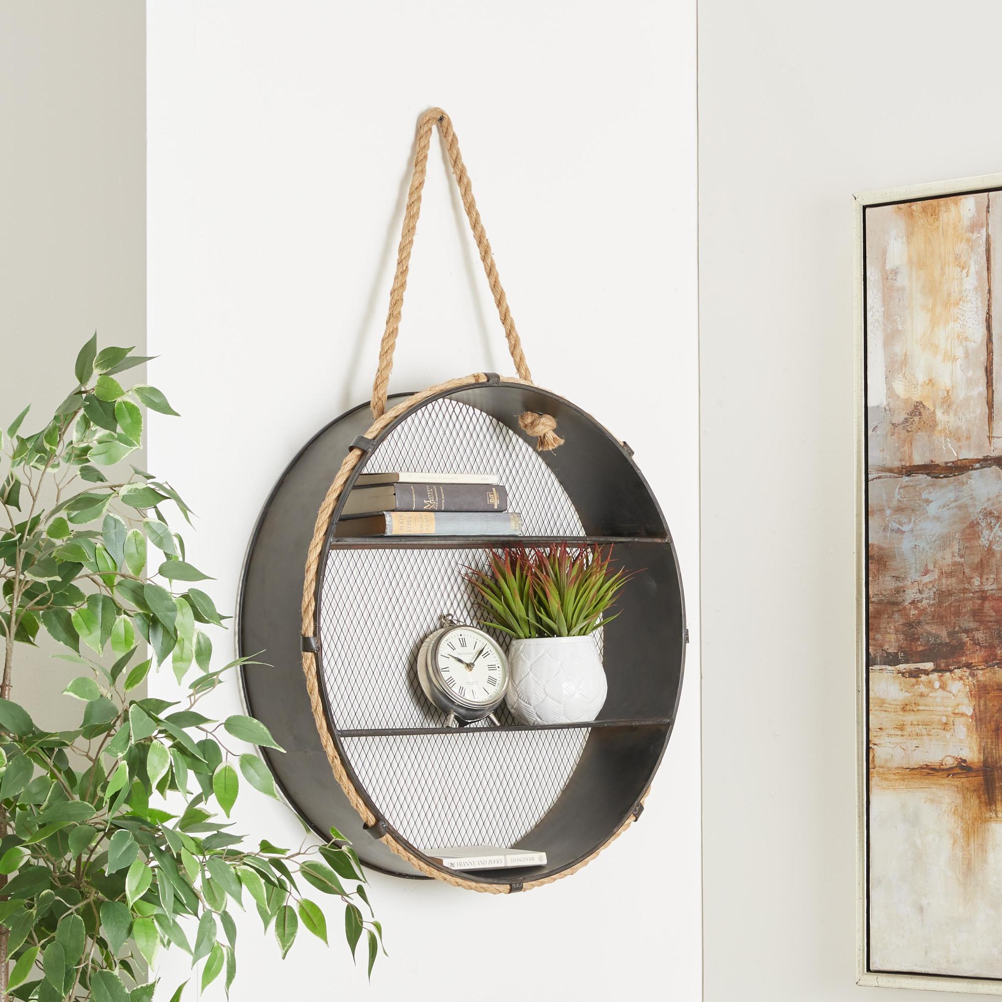Black Metal Round 2 Shelves Room Wall Shelf with Hanging Rope