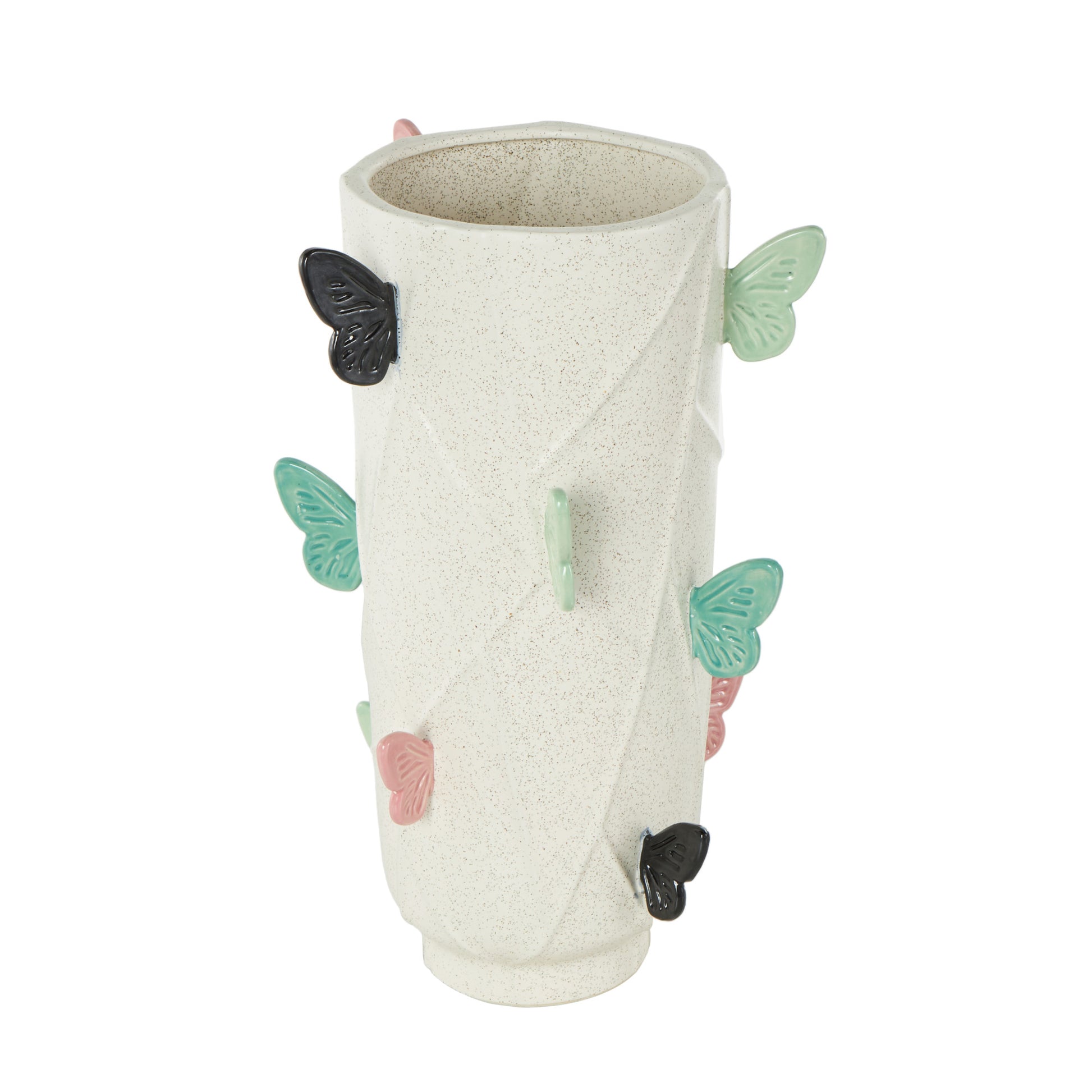 Butterfly White Ceramic Wide Decorative Vase with Multicolor Accents