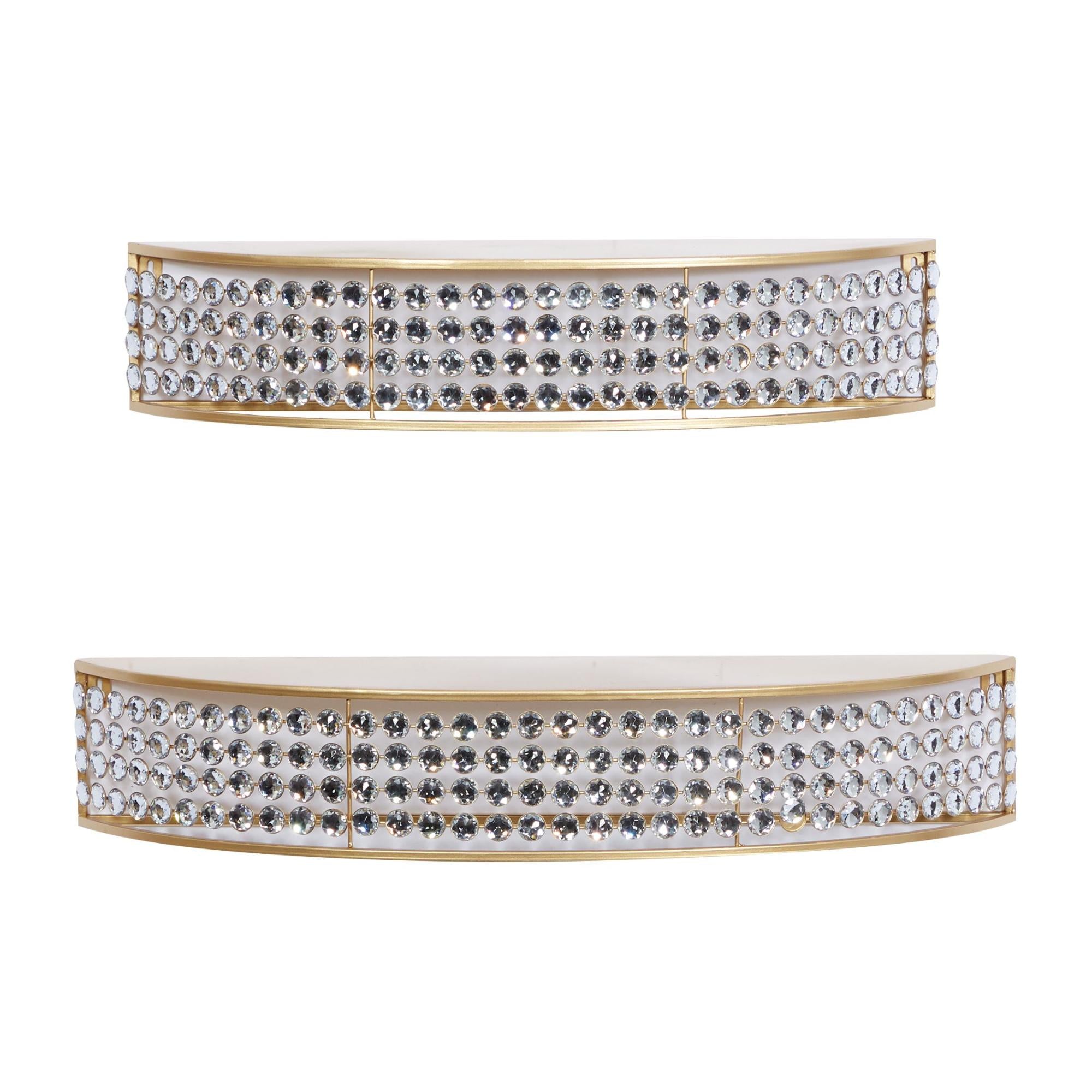 Set of 2 Gold Metal Half-Moon Room Wall Shelf with Crystal Embellishments