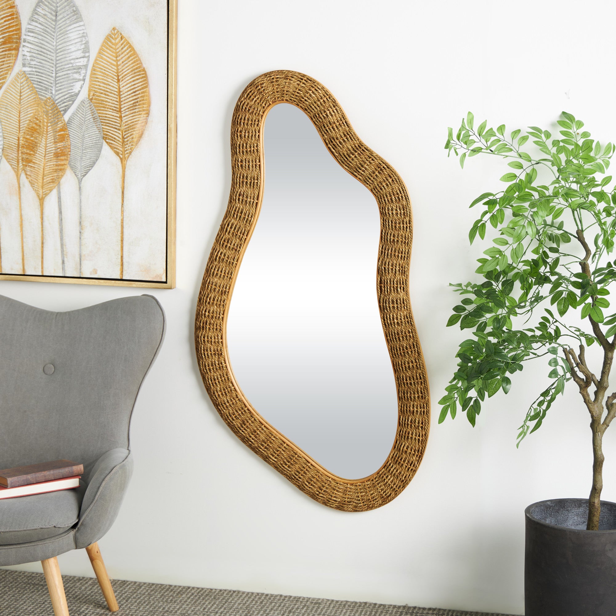 Abstract Brown Seagrass Handmade Woven Oval Room Wall Mirror
