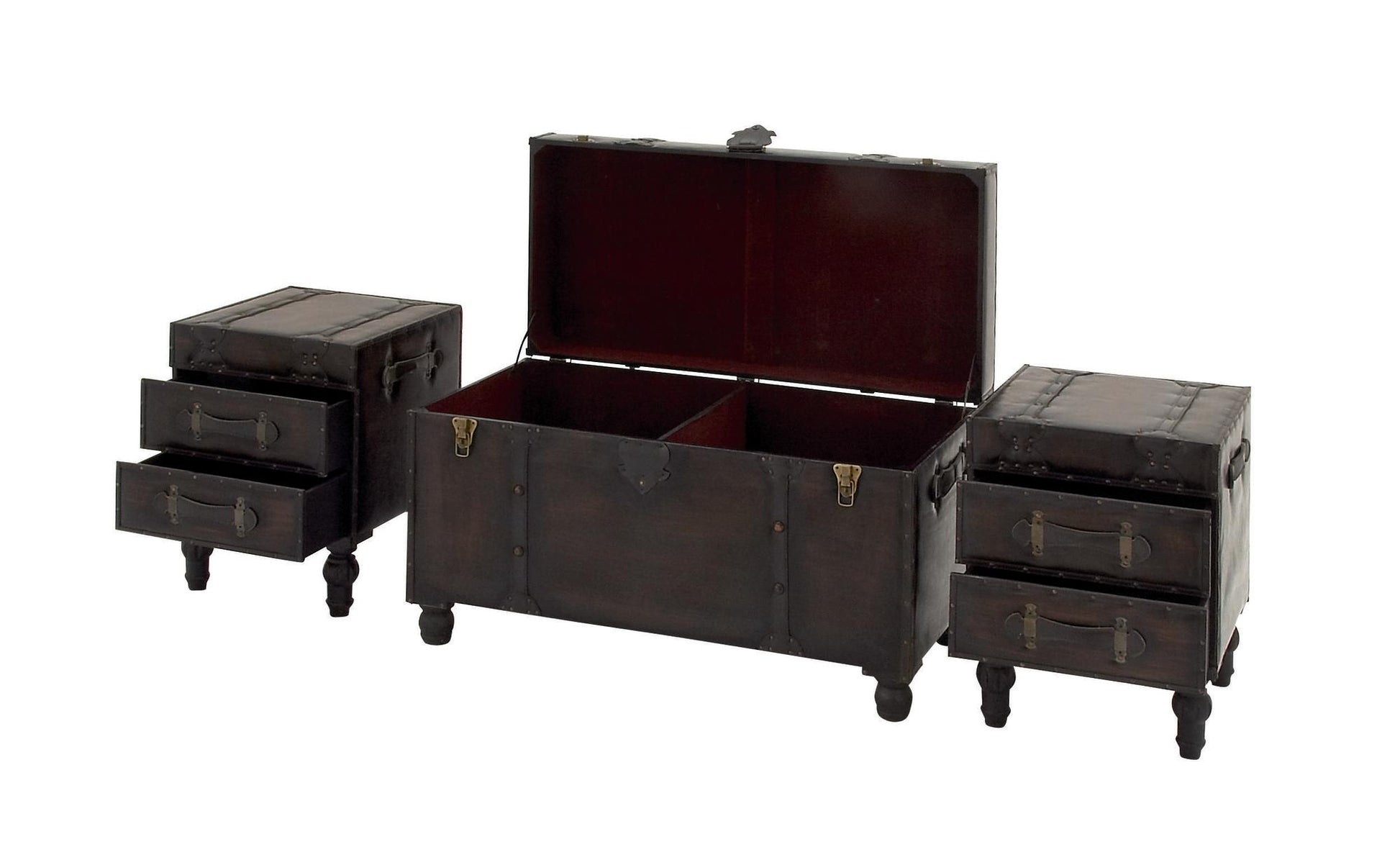 Set of 3 Brown Faux Leather Vintage 4 Drawer Room Storage Bench with Strap Handles and Turned Legs