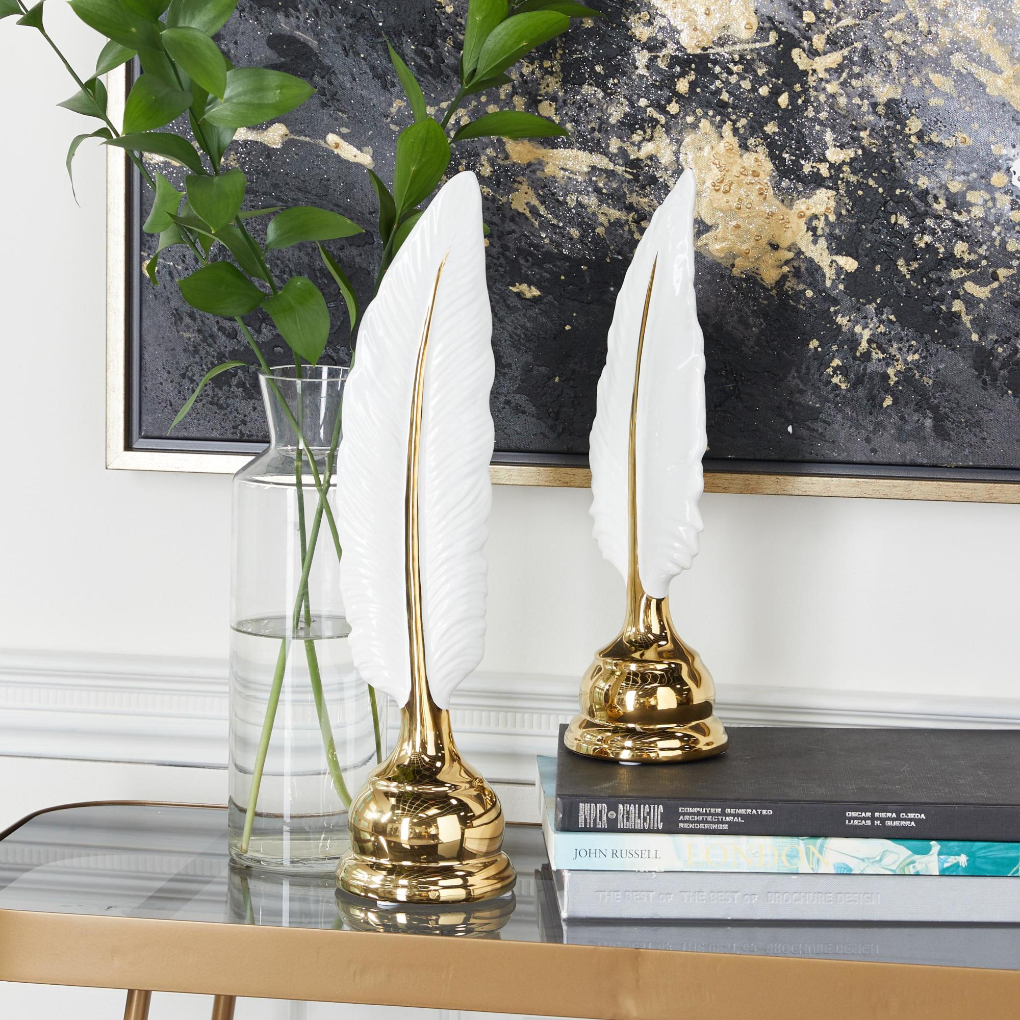 CosmoLiving by Cosmopolitan Set of 2 Bird Gold Ceramic Feathers Decorative Sculpture