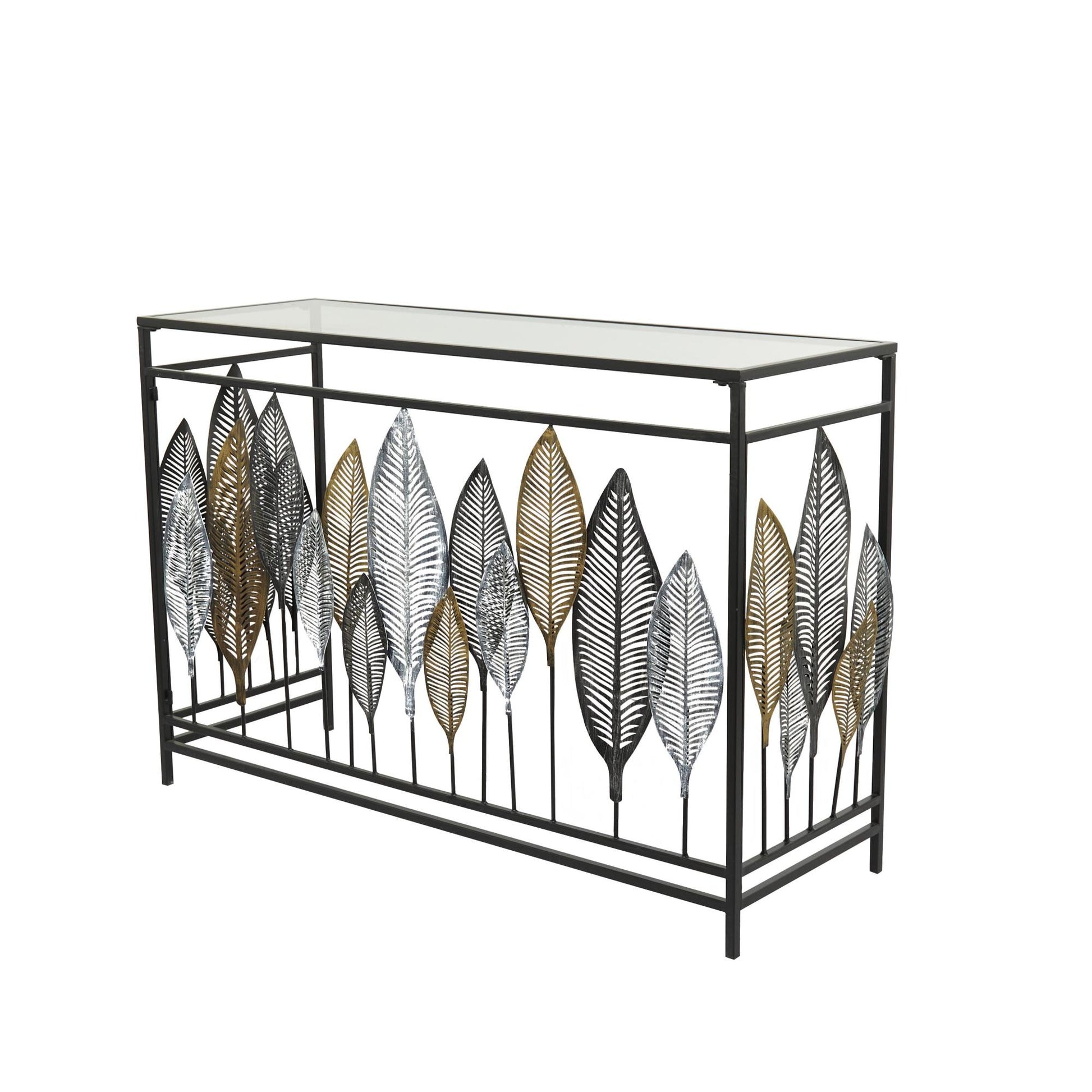 Leaf Metal Rectangular Living Room Console Table with Mirrored Glass Top and Gold Accents