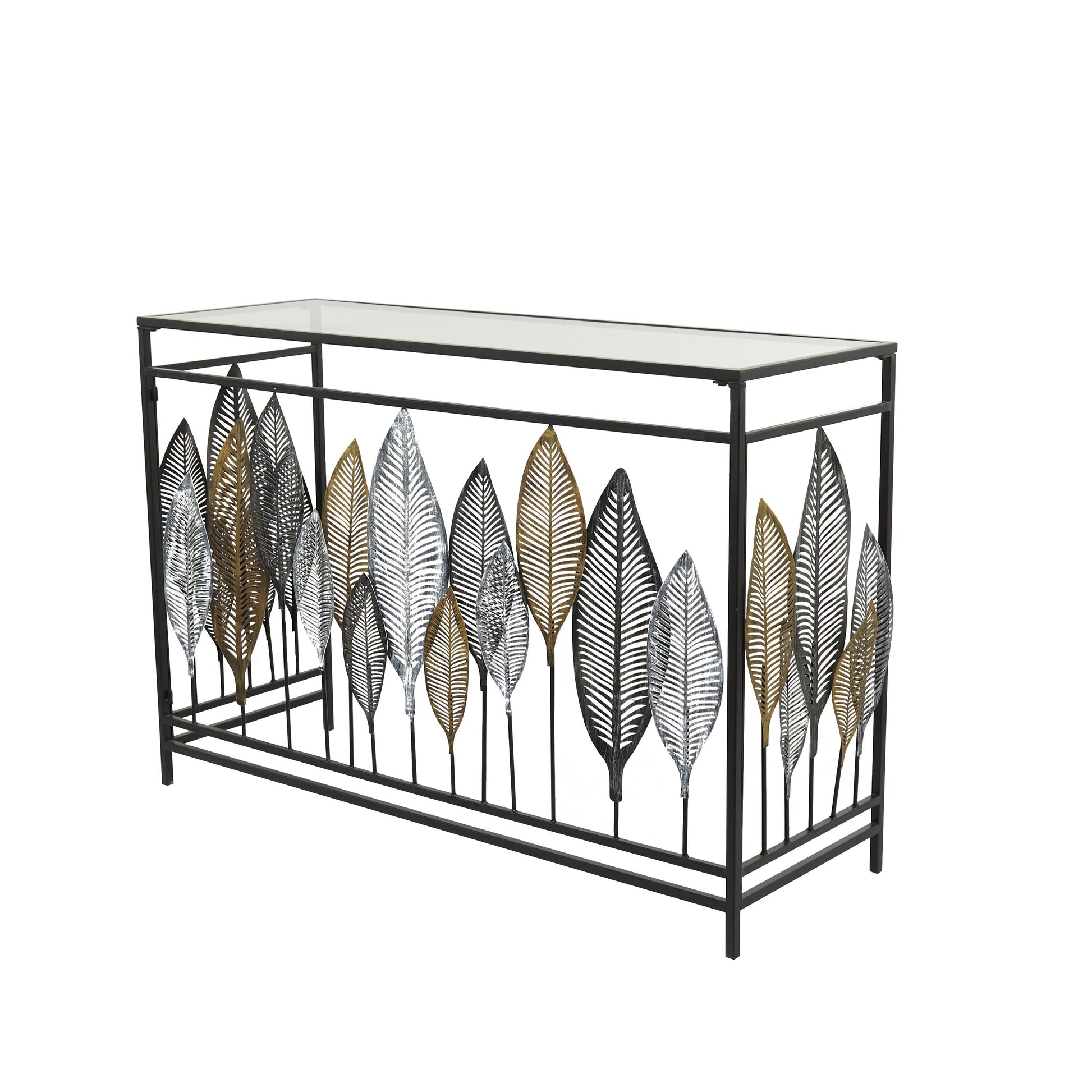 Leaf Metal Rectangular Living Room Console Table with Mirrored Glass Top and Gold Accents