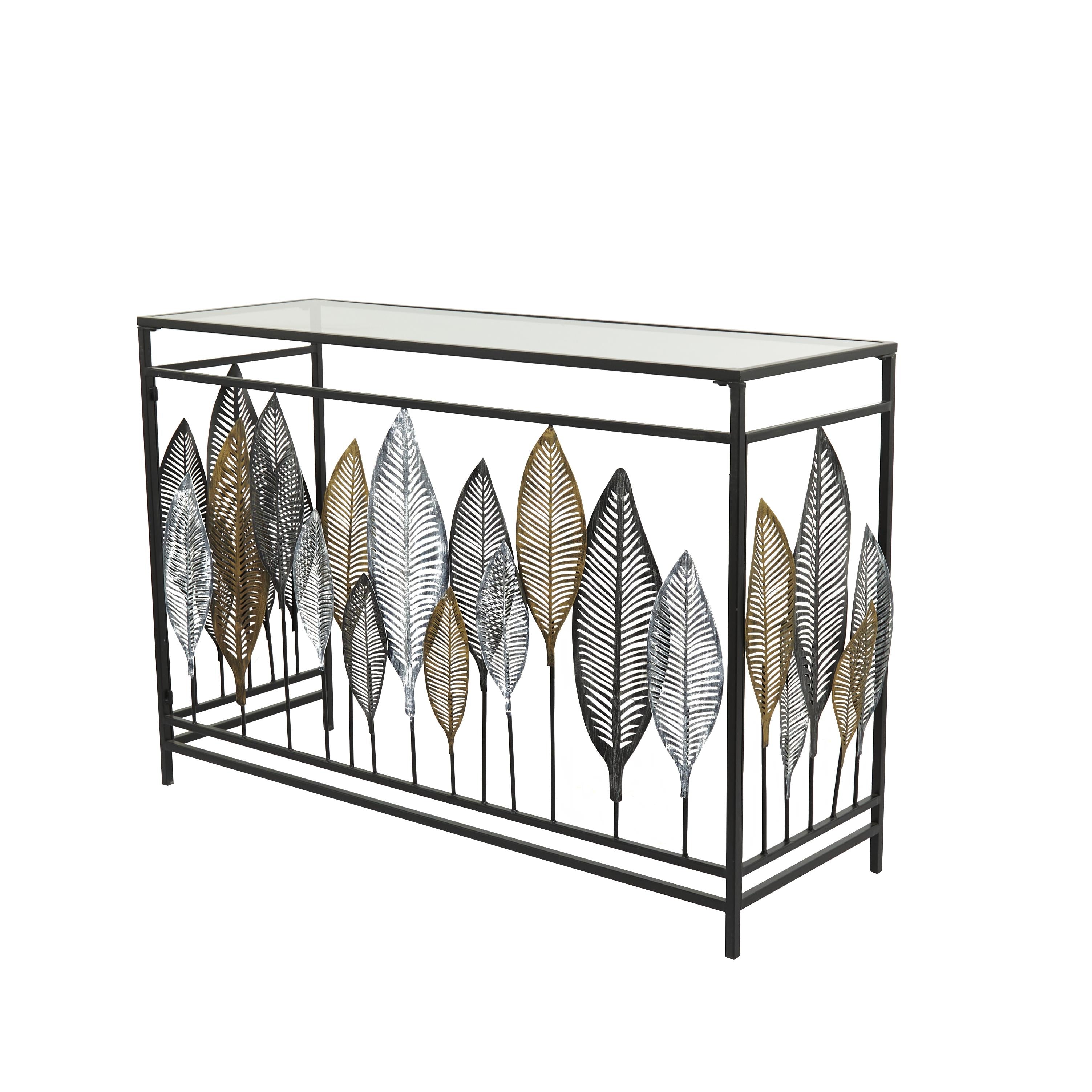 Leaf Metal Rectangular Living Room Console Table with Mirrored Glass Top and Gold Accents