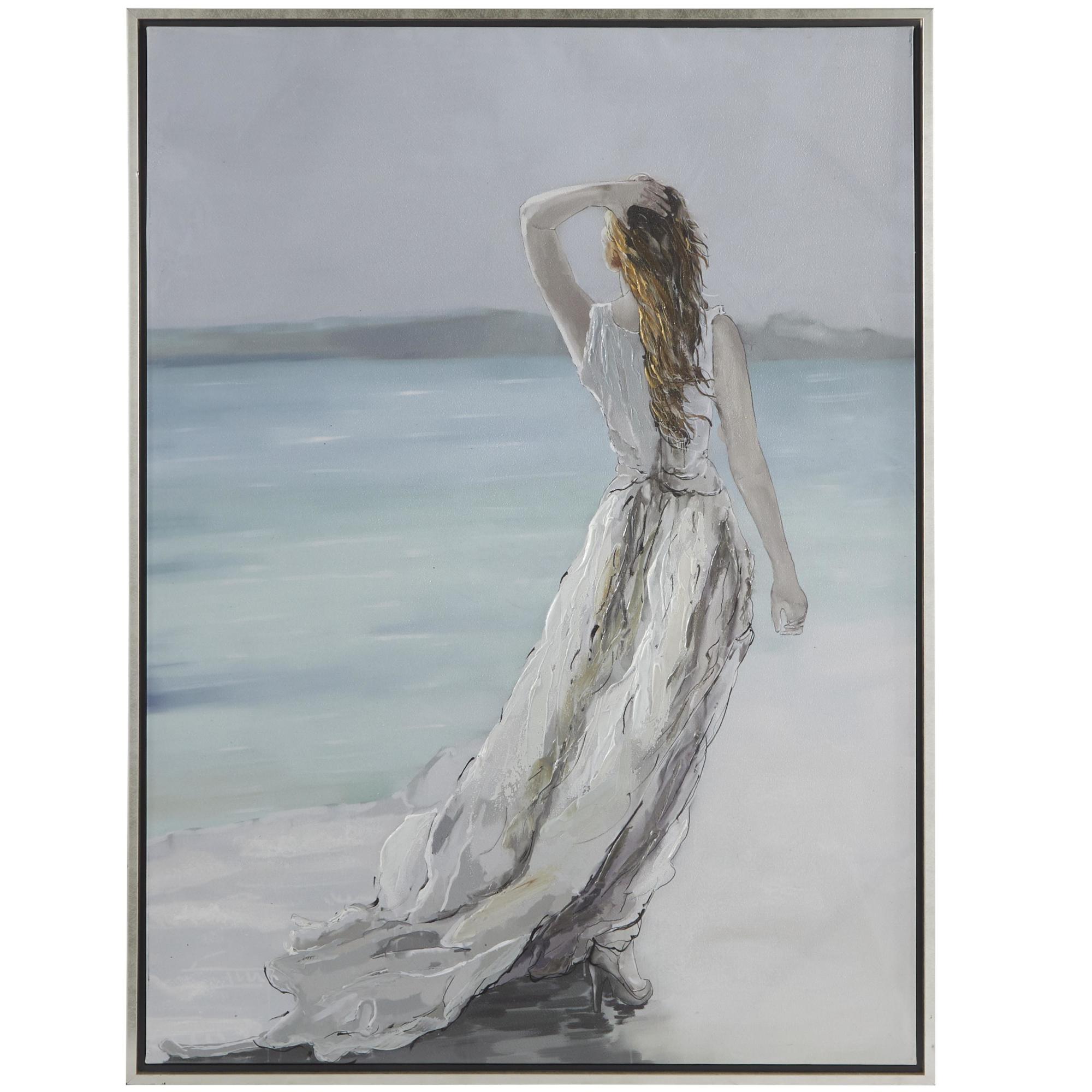 Landscape White Canvas Women Living Room Framed Wall Art with Silver Frame