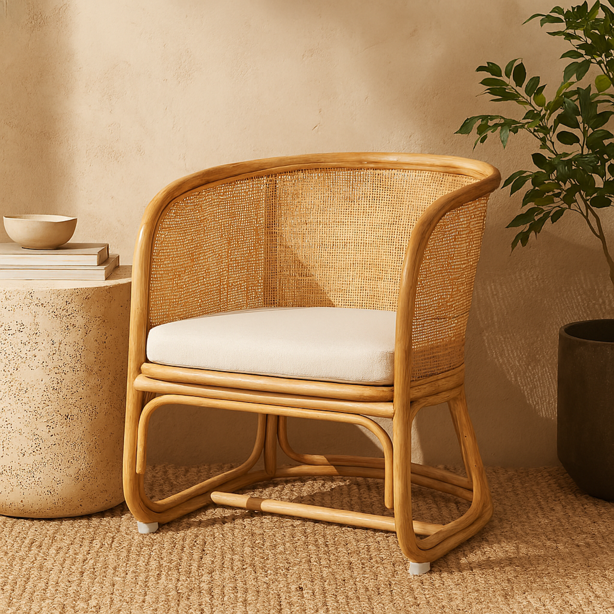 Light Brown Rattan Woven Rounded Living Room Accent Chair with White Fabric Cushion