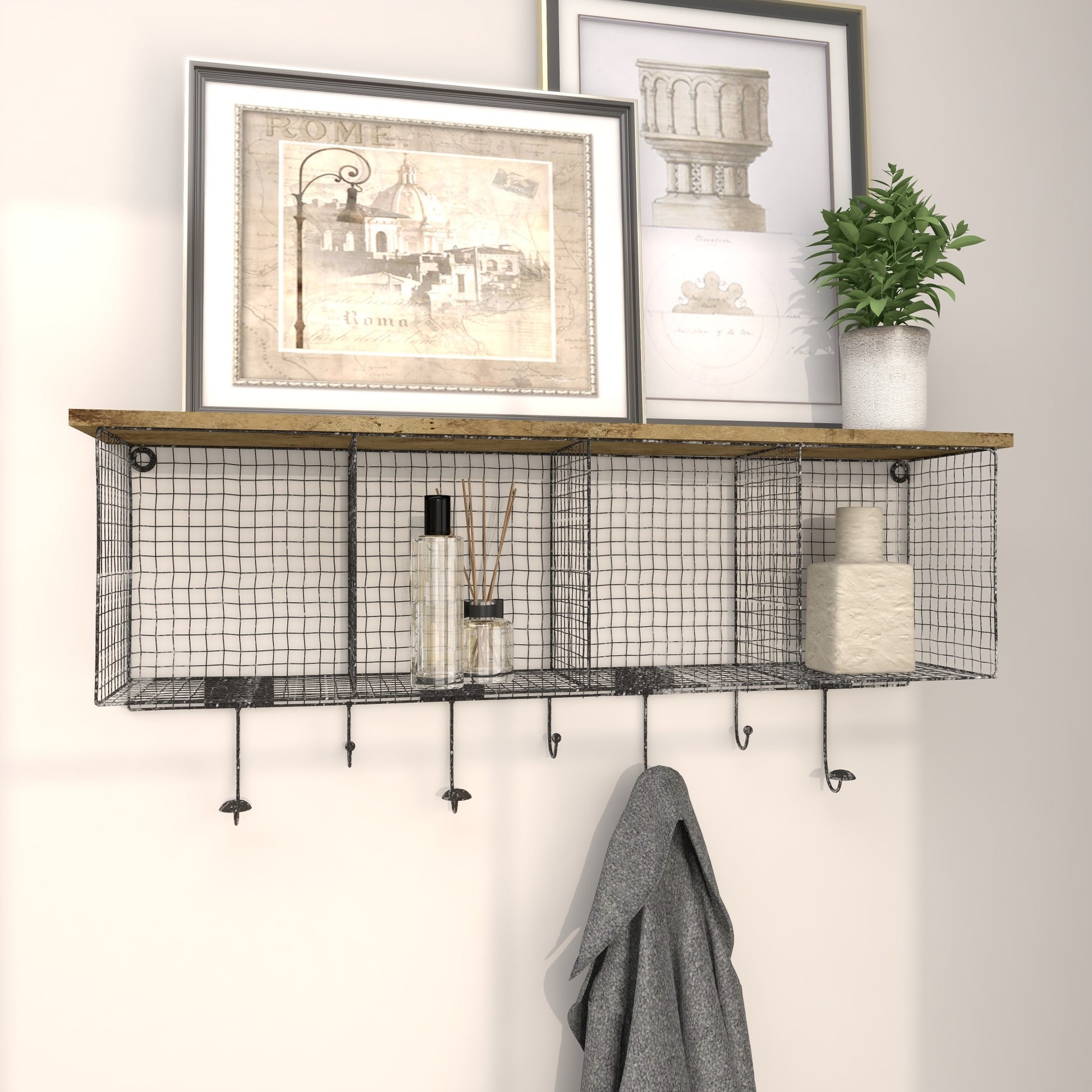 Black Metal Caged 4 Cubby and 7 Hanger Home Wall Hook with Wood Shelf