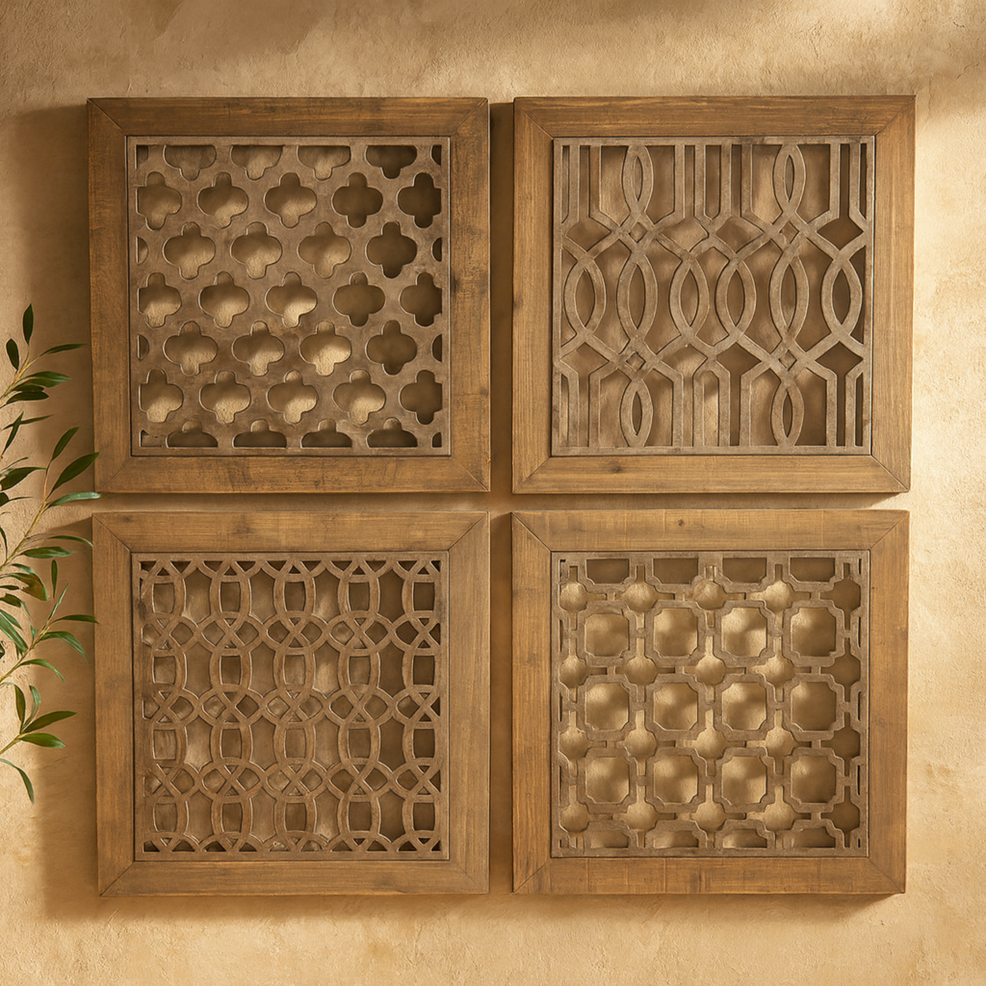 Set of 4 Geometric Brown Wood Home Wall Decor with Silver Metal Trellis Cutouts