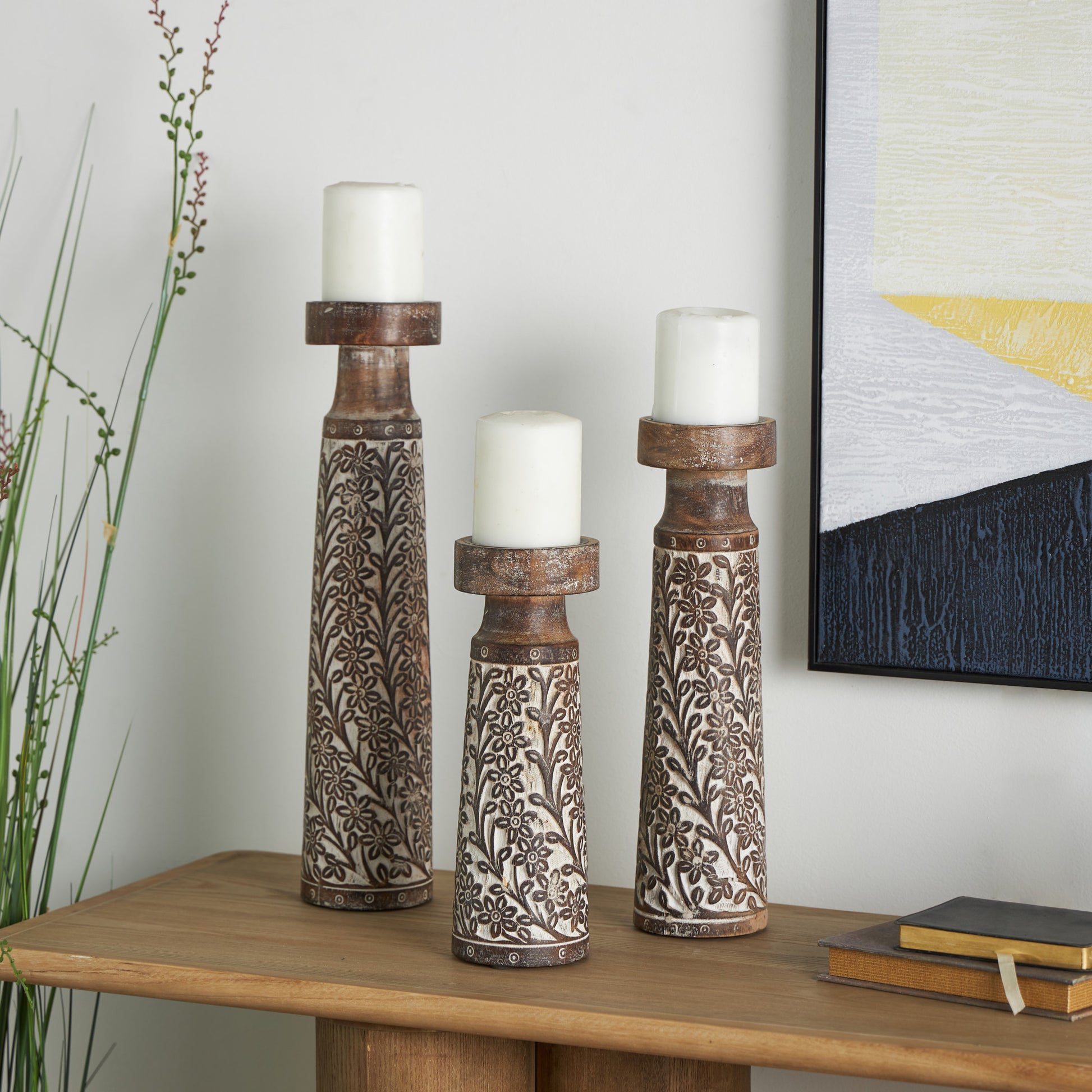 Set of 3 Floral Mango Wood Handmade Vine Decorative Candle Holder with Whitewashed Cream Backing