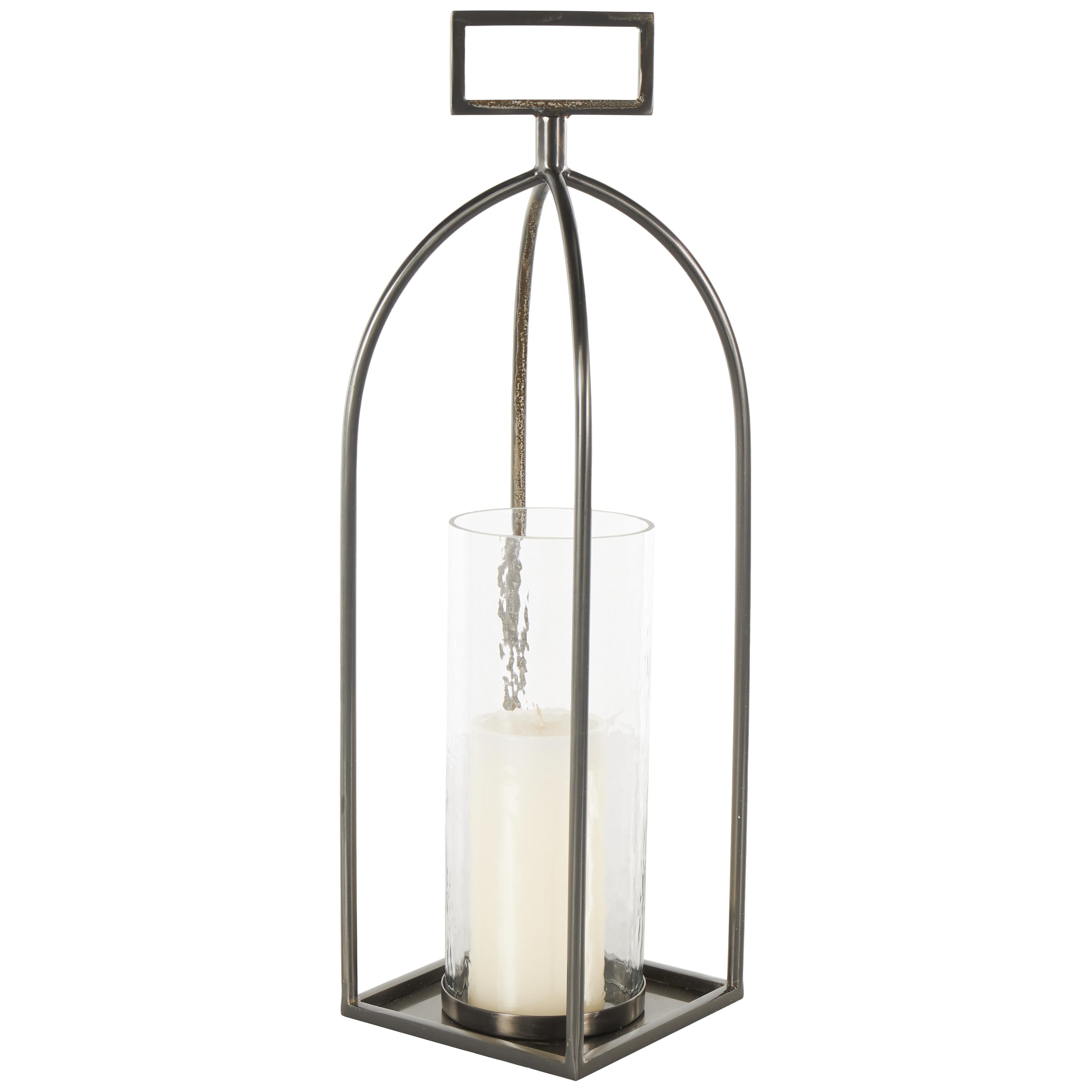 Silver Metal Open Frame Indoor Outdoor Candle Lantern with Rectangle Handles