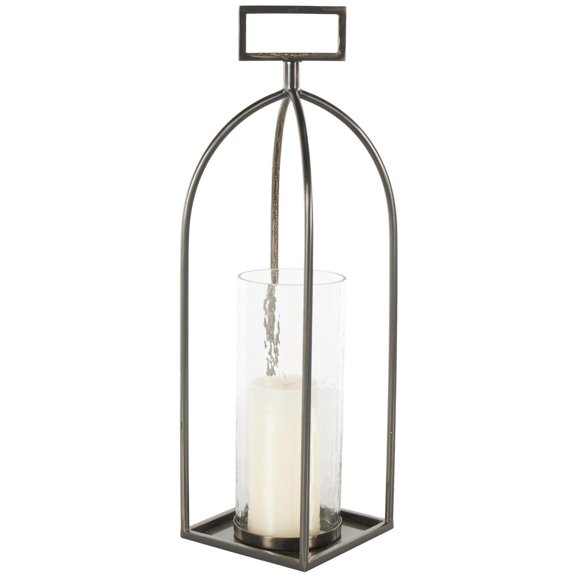 Silver Metal Open Frame Indoor Outdoor Candle Lantern with Rectangle Handles