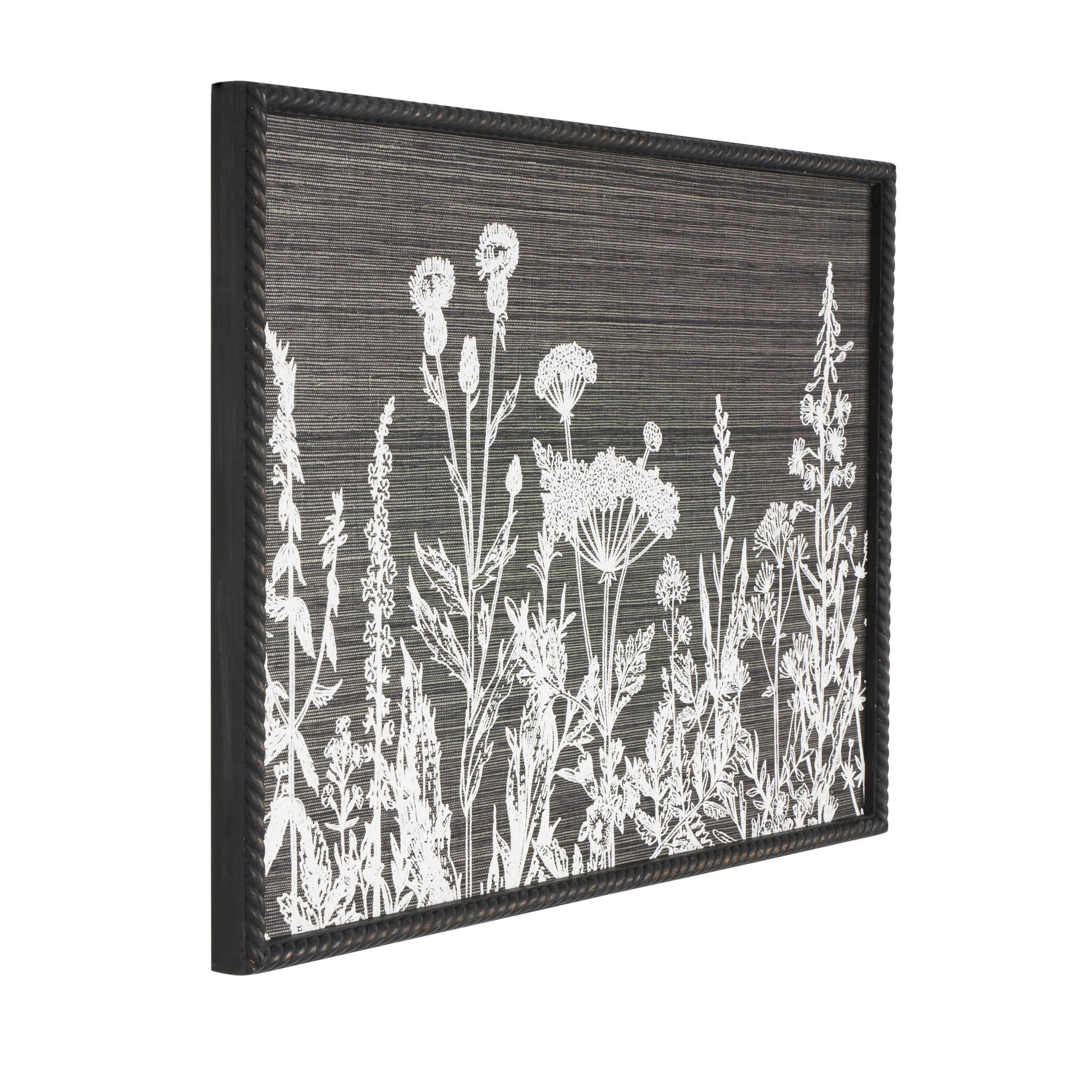 Floral Black Wood Relief Living Room Framed Wall Art with Gray Textured Backing and Black Twisted Frame