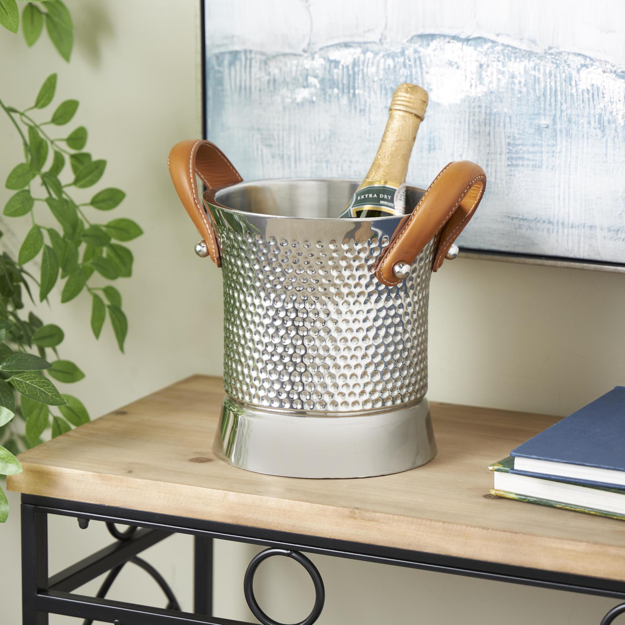 Silver Stainless Steel Metal Hammered Decorative Ice Bucket with Brown Leather Handles