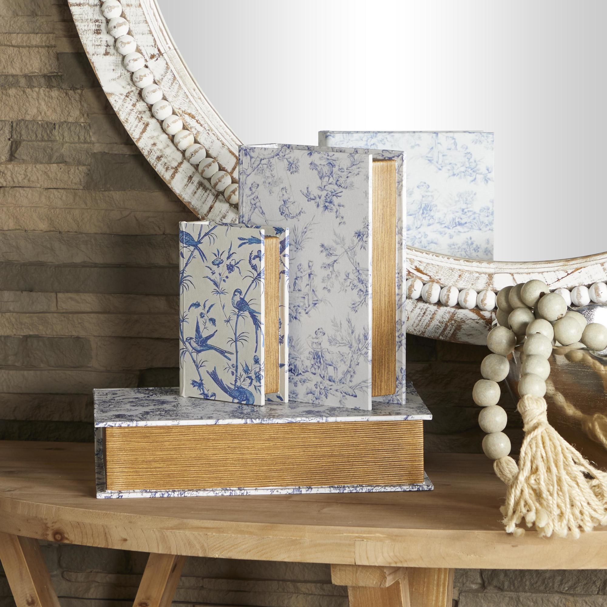 Set of 3 Floral White Canvas Faux Book Storage Decorative Box with Purple Vintage Patterns