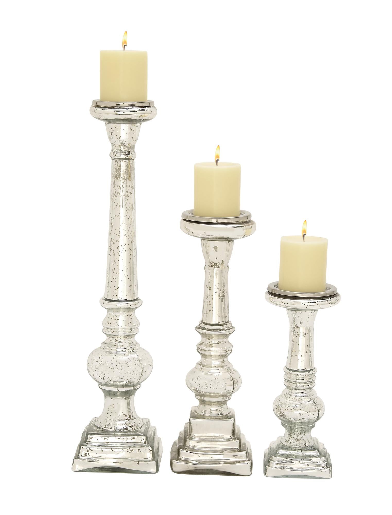Set of 3 Silver Glass Handmade Turned Style Pillar Decorative Candle Holder