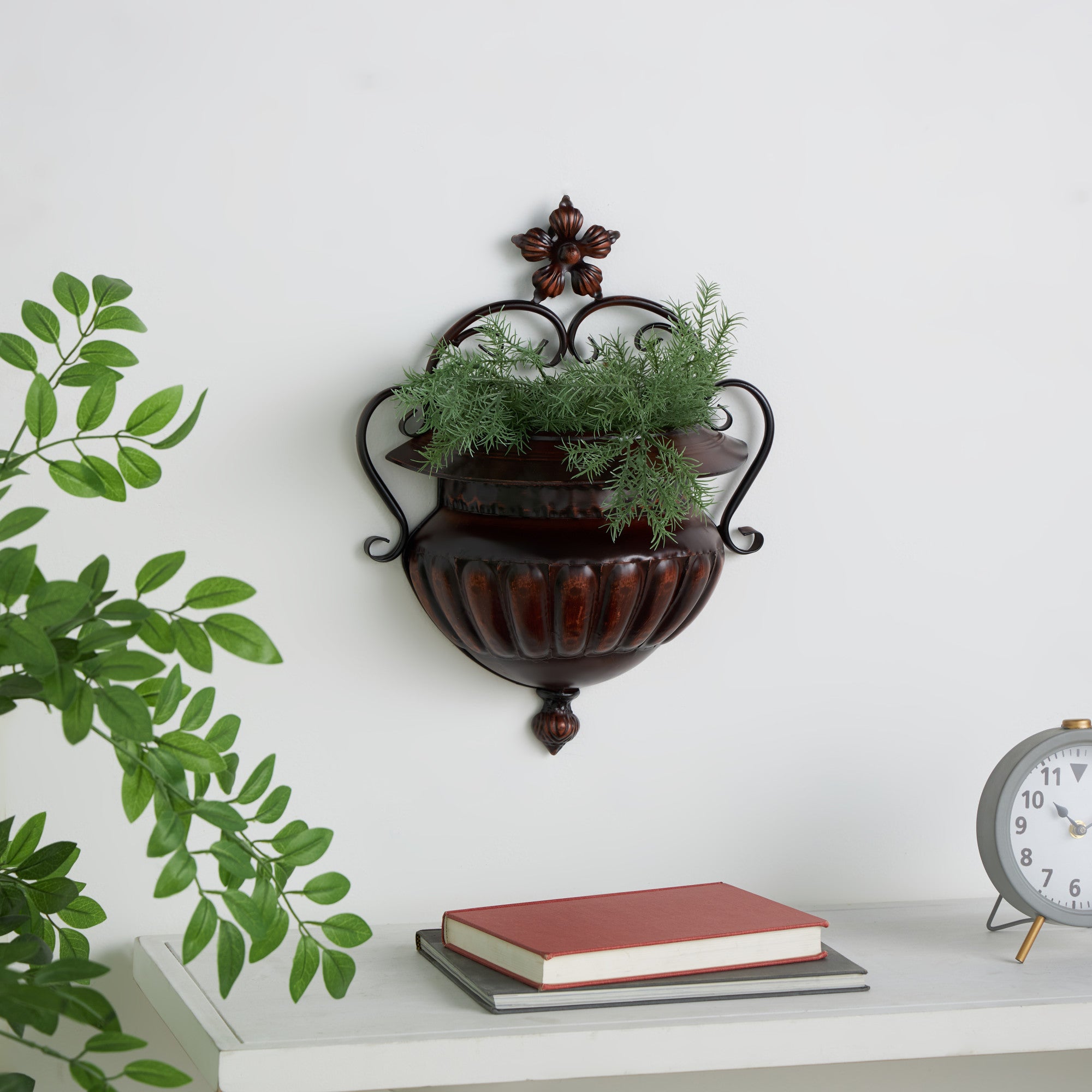 Scroll Brown Metal Small Indoor Outdoor Wall Planter with Flower Accent
