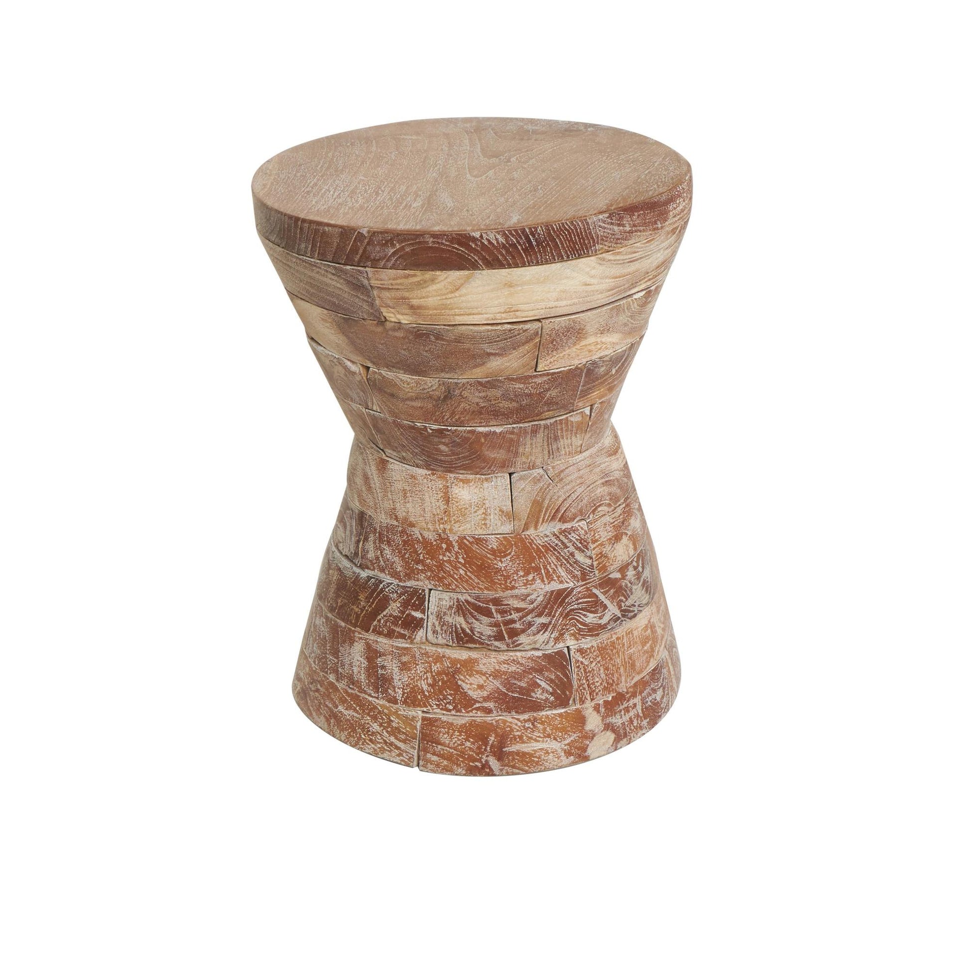 Geometric Teak Wood Handmade Hourglass Side End Accent Table with Stacked Wood Pieces