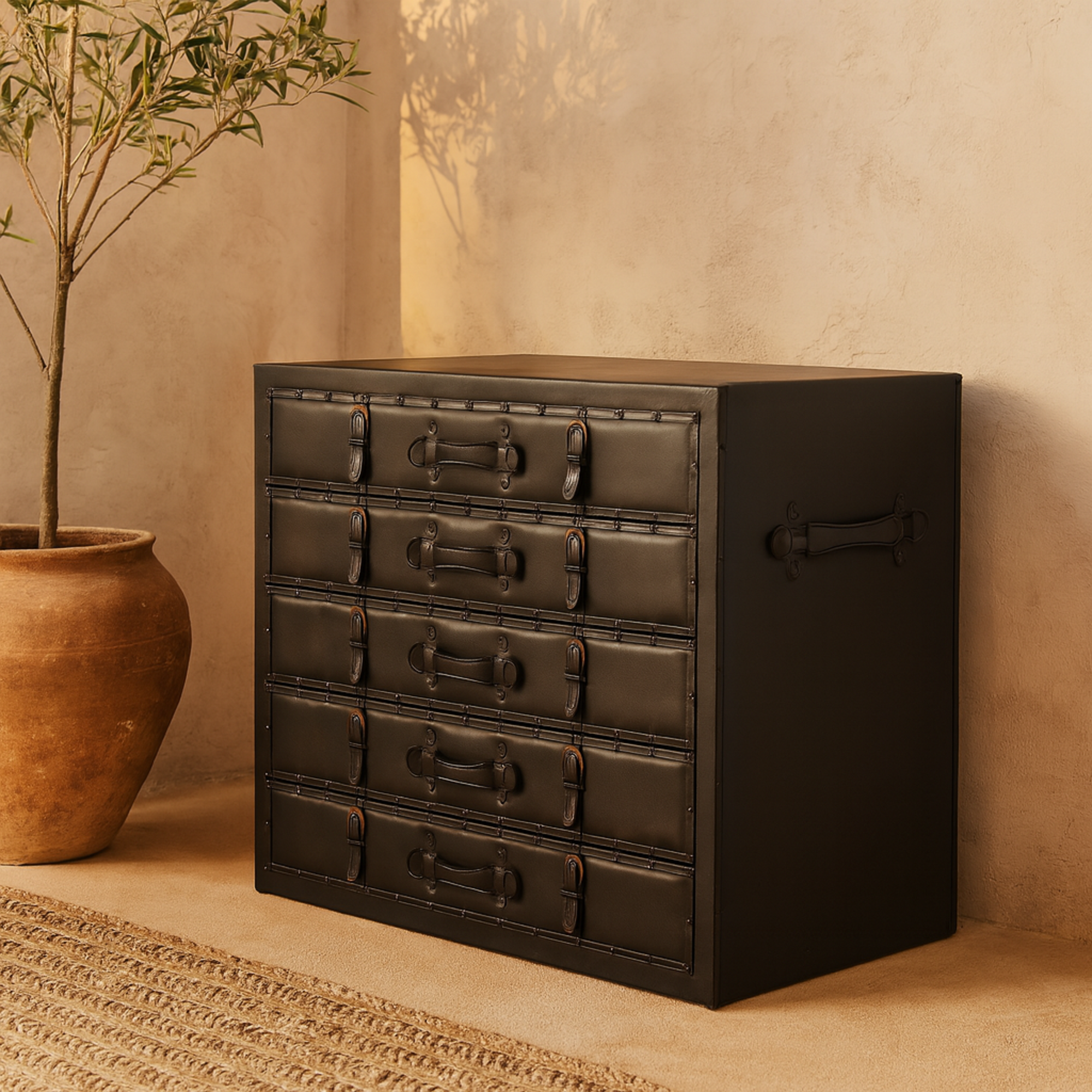 Black Faux Leather Vintage Trunk Room Chest with Gold Studs and Buckle Detailing