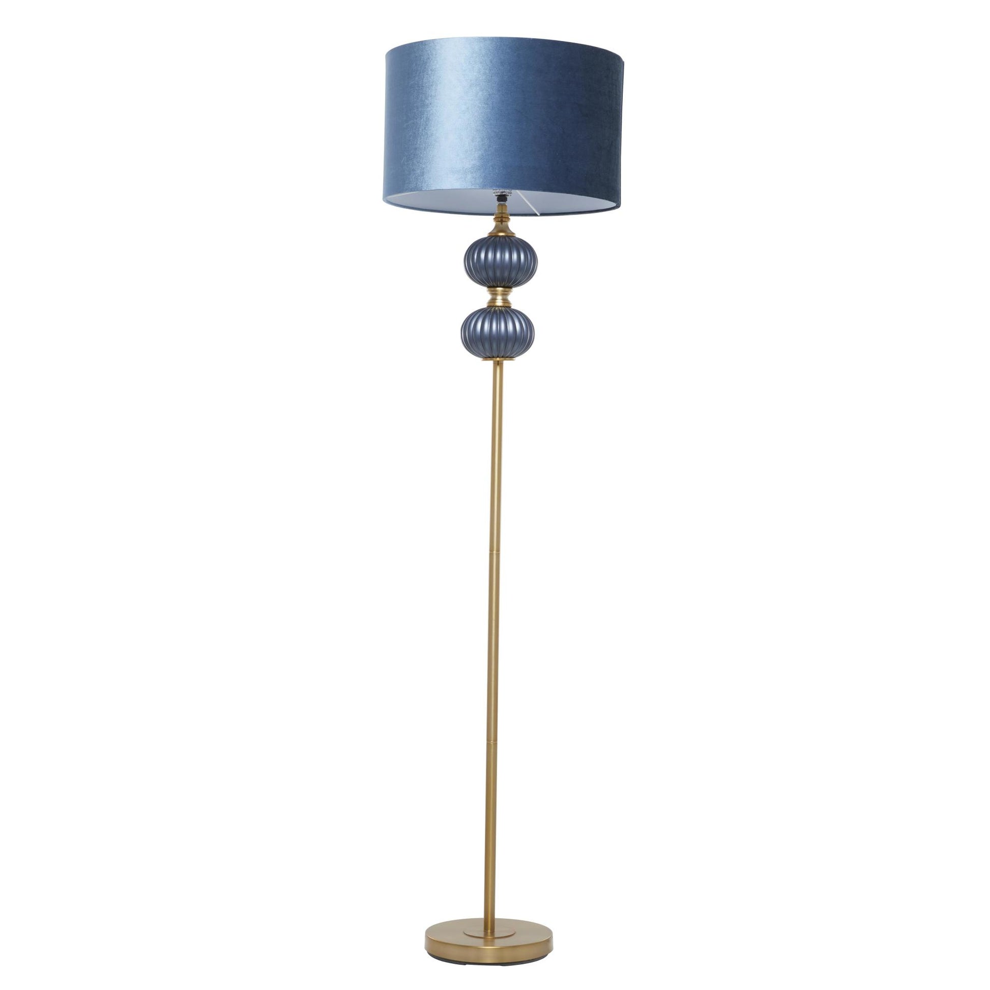Blue Metal Ribbed Room Floor Lamp with Velvet Shade and Gold Accents