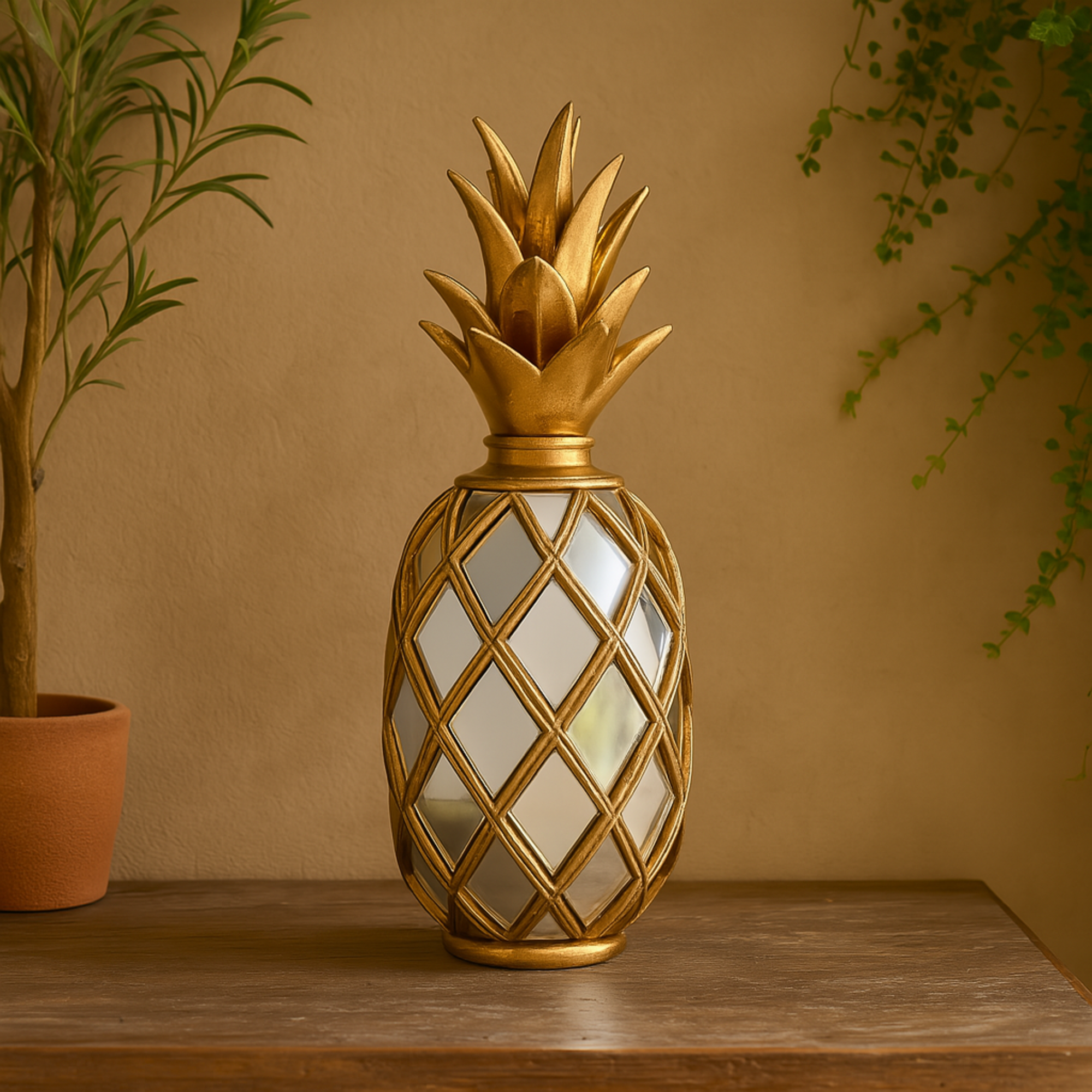 Fruit Gold Polystone Pineapple Decorative Sculpture with Mirror Accents