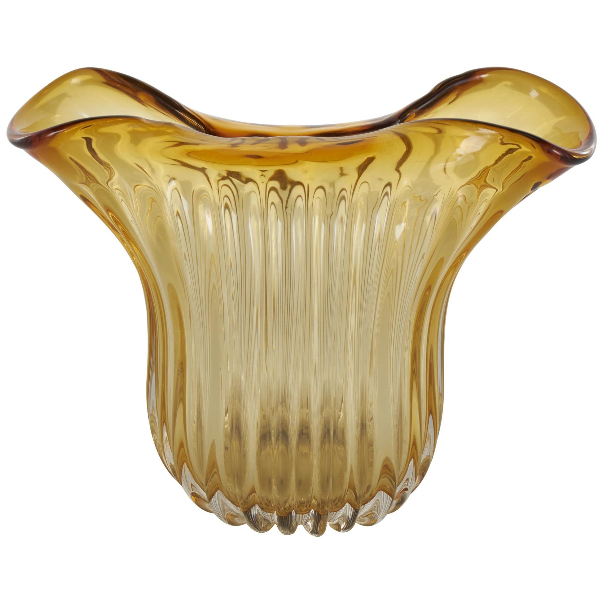 Abstract Orange Glass Ribbed Ombre Decorative Vase with Folded Curve Opening