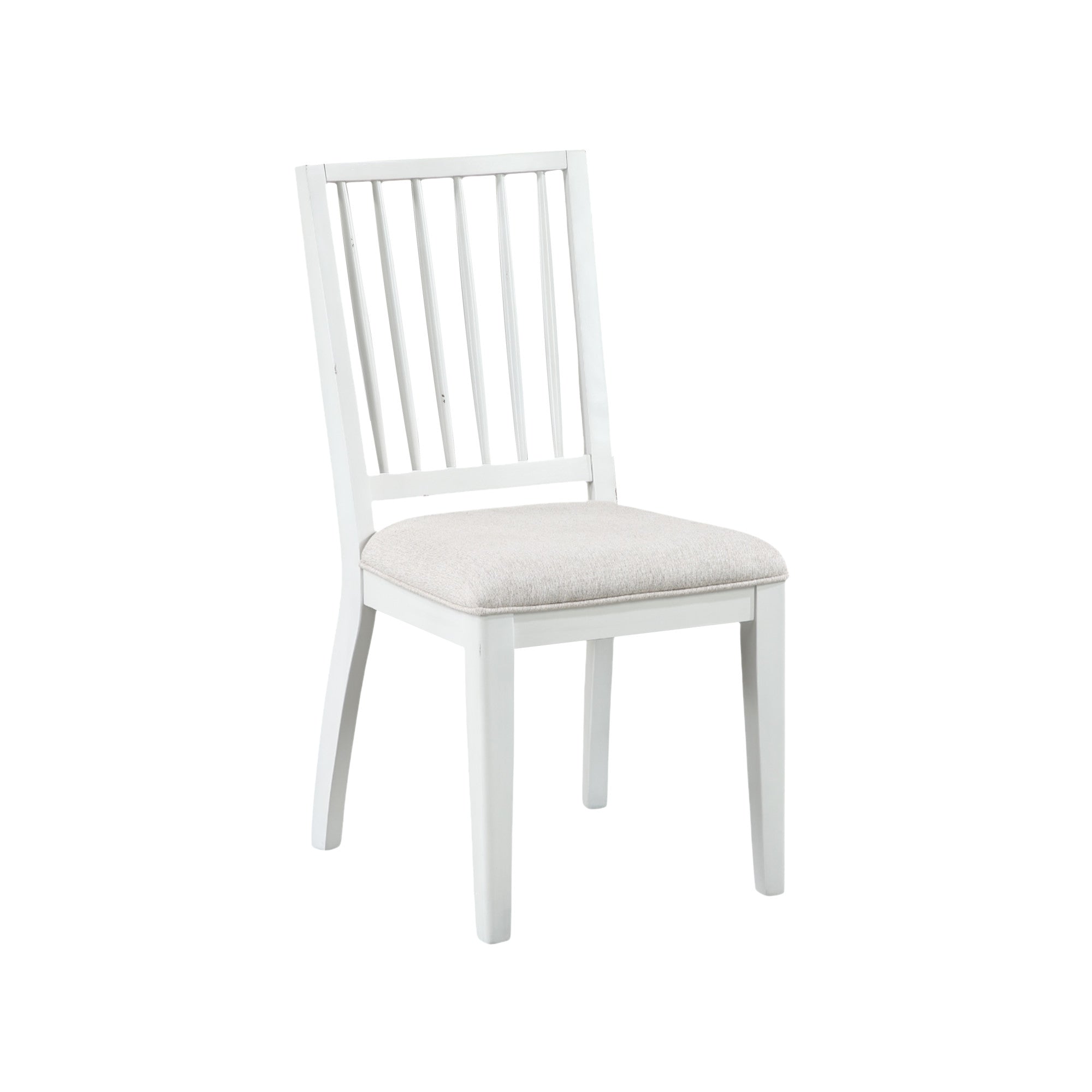 Set of 2 White Wood Kitchen Dining Chair with Light Gray Fabric Seat and Slatted Back