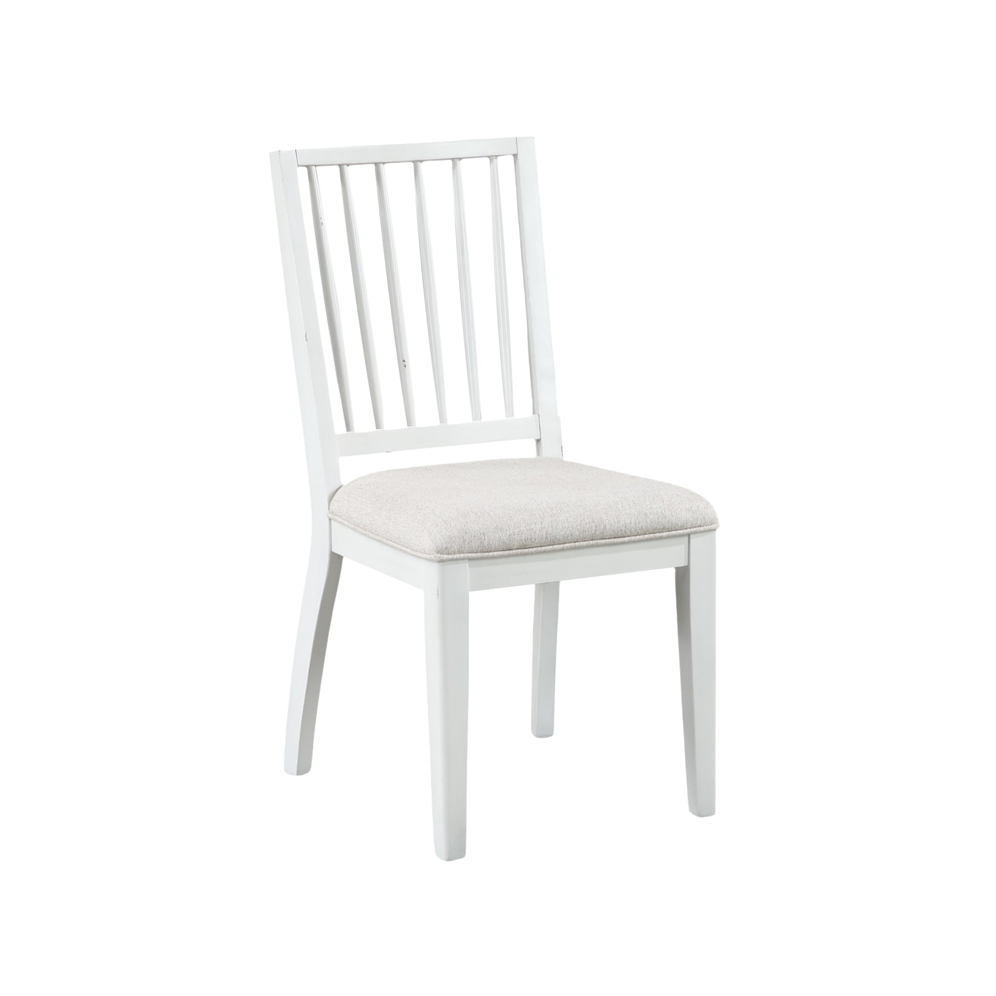 Set of 2 White Wood Kitchen Dining Chair with Light Gray Fabric Seat and Slatted Back