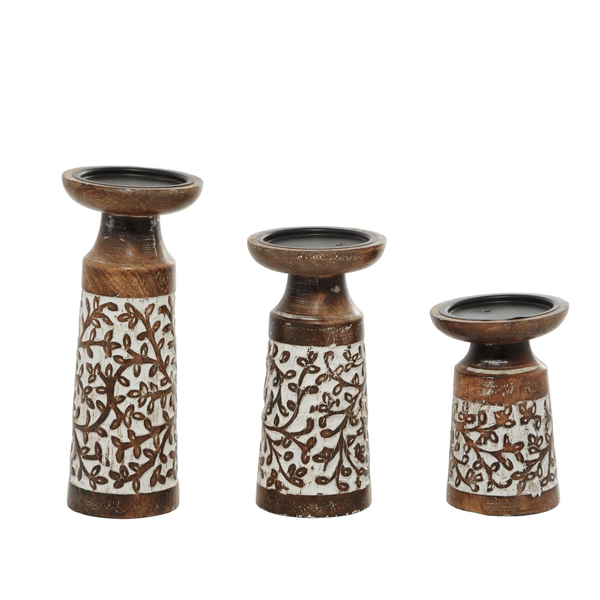 Set of 3 Floral Mango Wood Handmade Carved Pillar Decorative Candle Holder with Whitewashed Cream Backing Set of 3 10", 8", 6"H