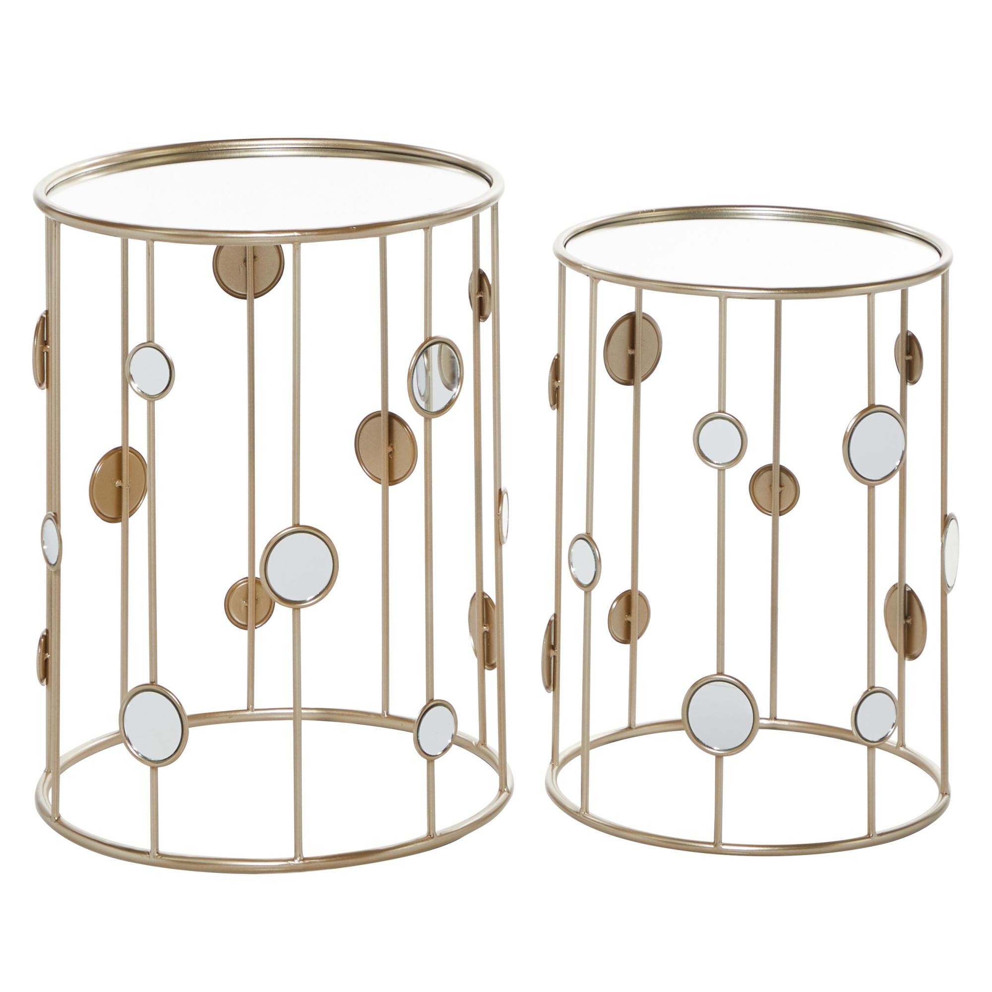 Set of 2 Champagne Metal Open Frame Side End Accent Table with Mirrored Glass Top and Circular Accents