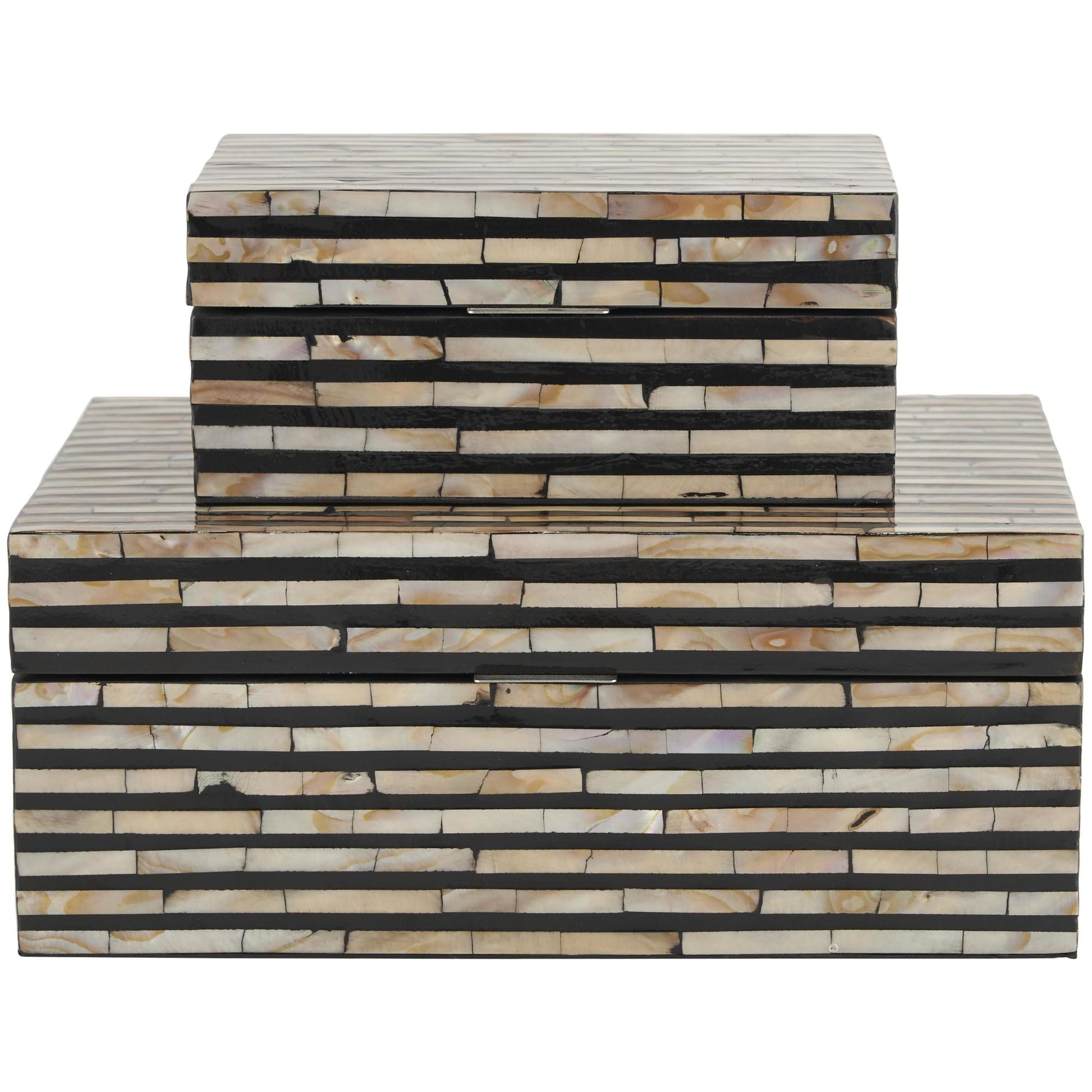 Set of 2 Beige Mother of Pearl Shell Handmade Decorative Box with Linear Mosaic Pattern and Hinged Lid