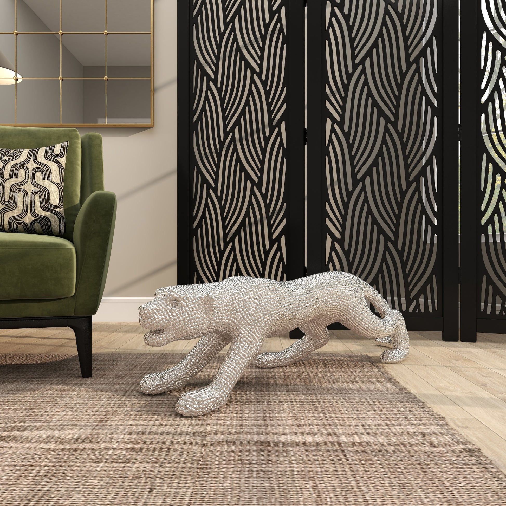 Leopard Polystone Floor Decorative Sculpture with Carved Faceted Diamond Exterior 42" x 11" x 11"