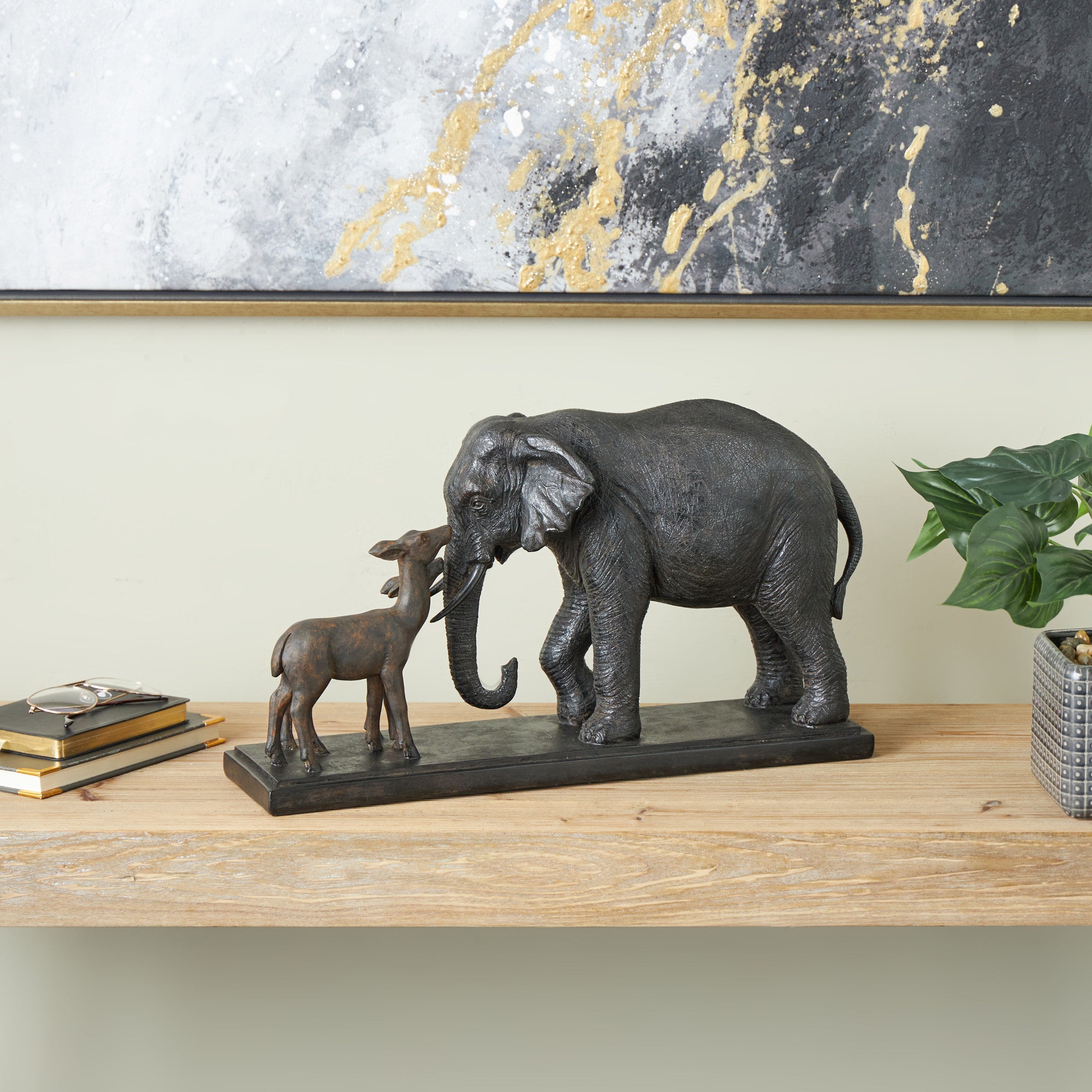 Elephant Black Resin Walking Decorative Sculpture with Dark Brown Deer