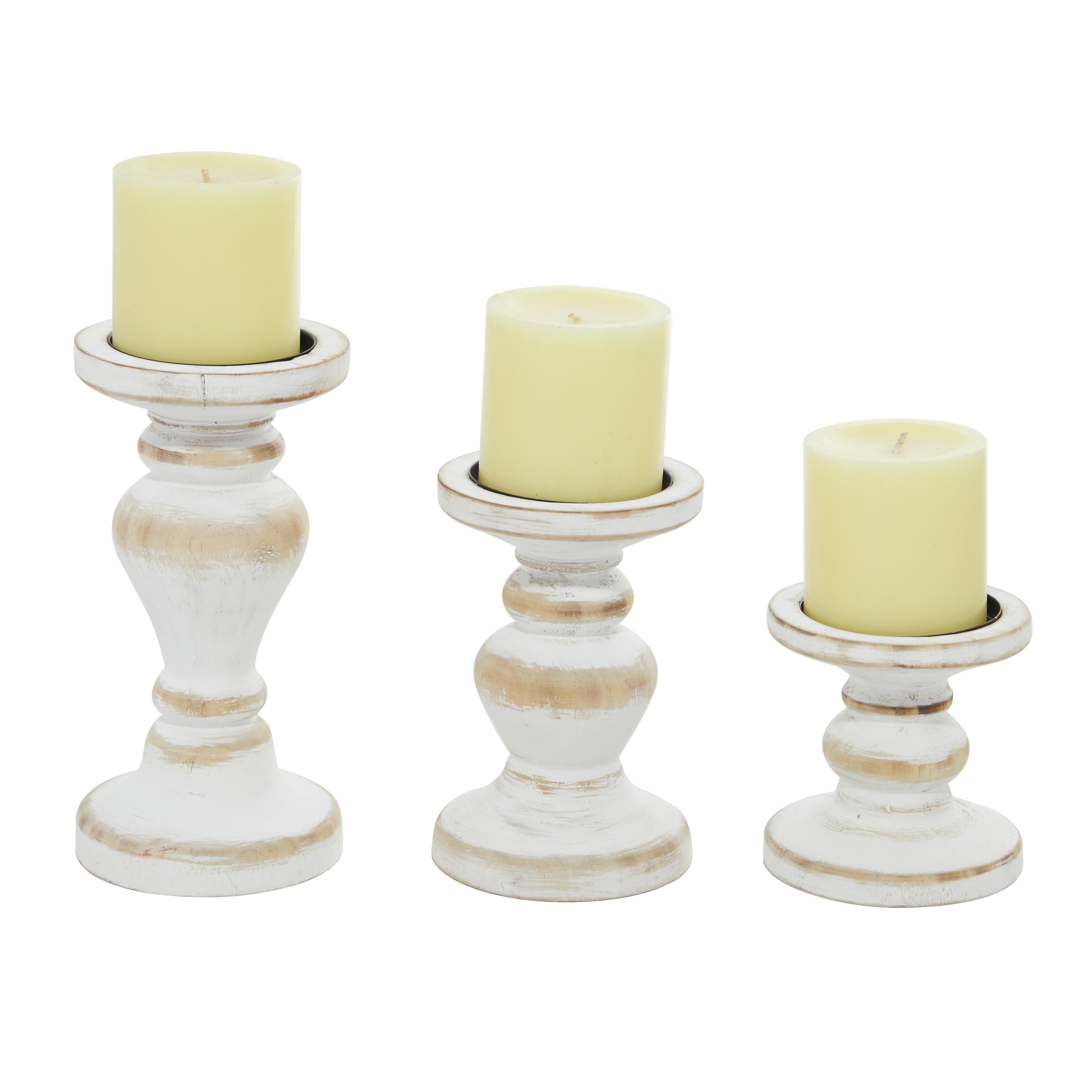 Set of 3 Wood Short Distressed Turned Decorative Candle Holder