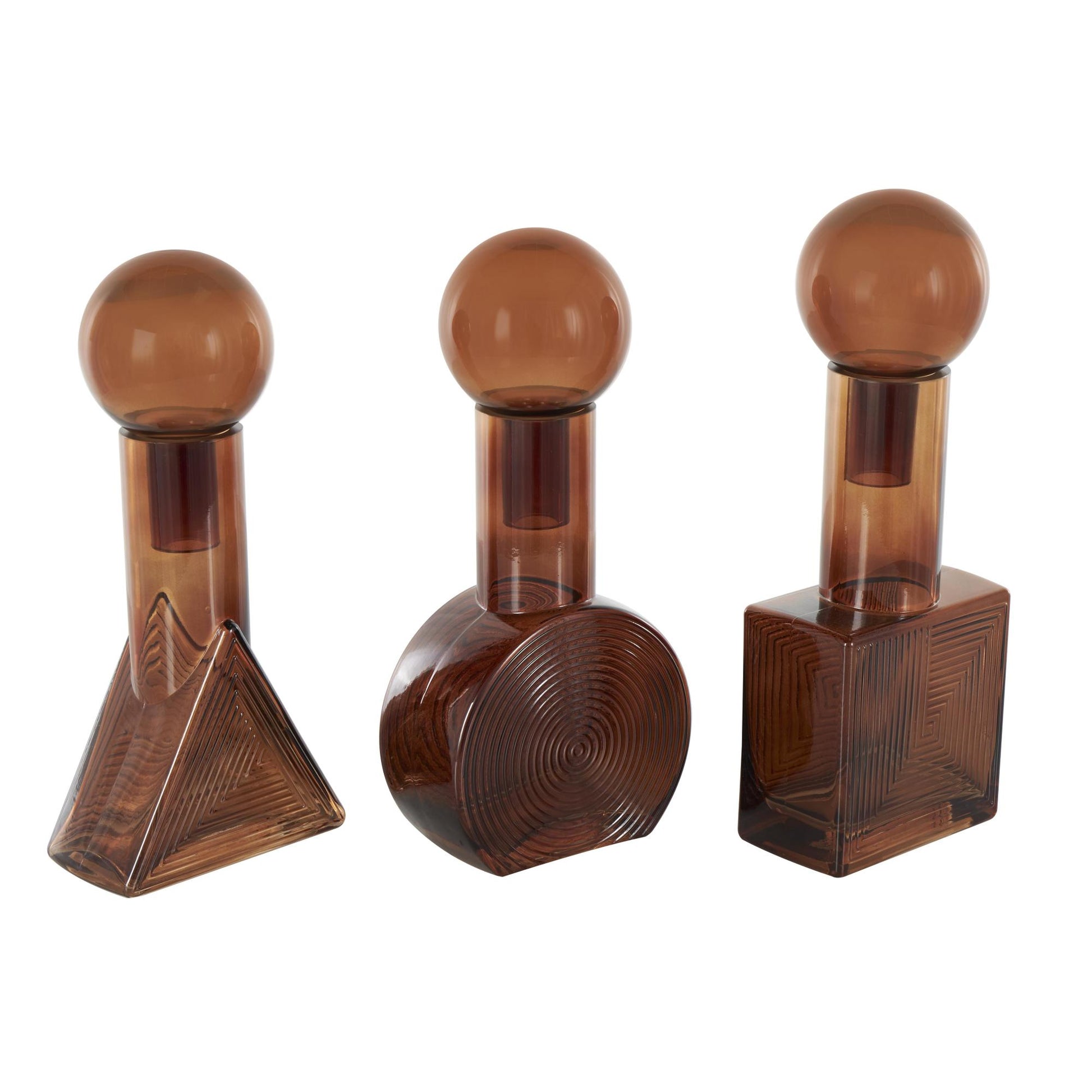 Set of 3 Geometric Brown Glass Triangle, Circle, Square Ombre Living Room Decorative Jars