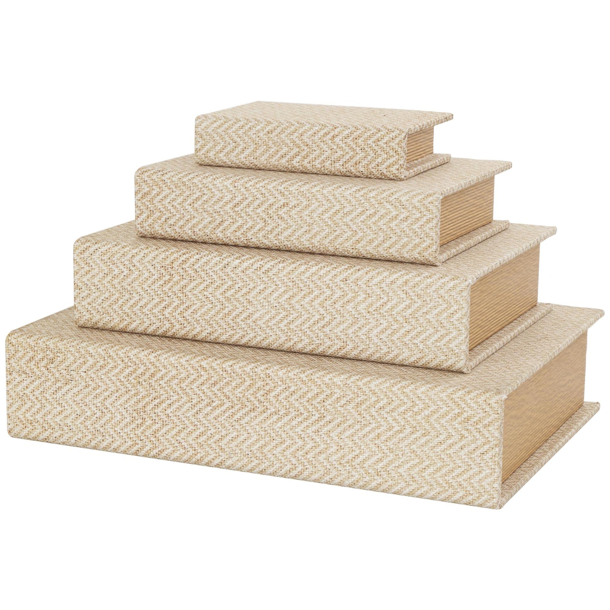 Set of 3 Linen Fabric Chevron Patterned Book Storage Decorative Box Set of 3 12", 9", 6"H