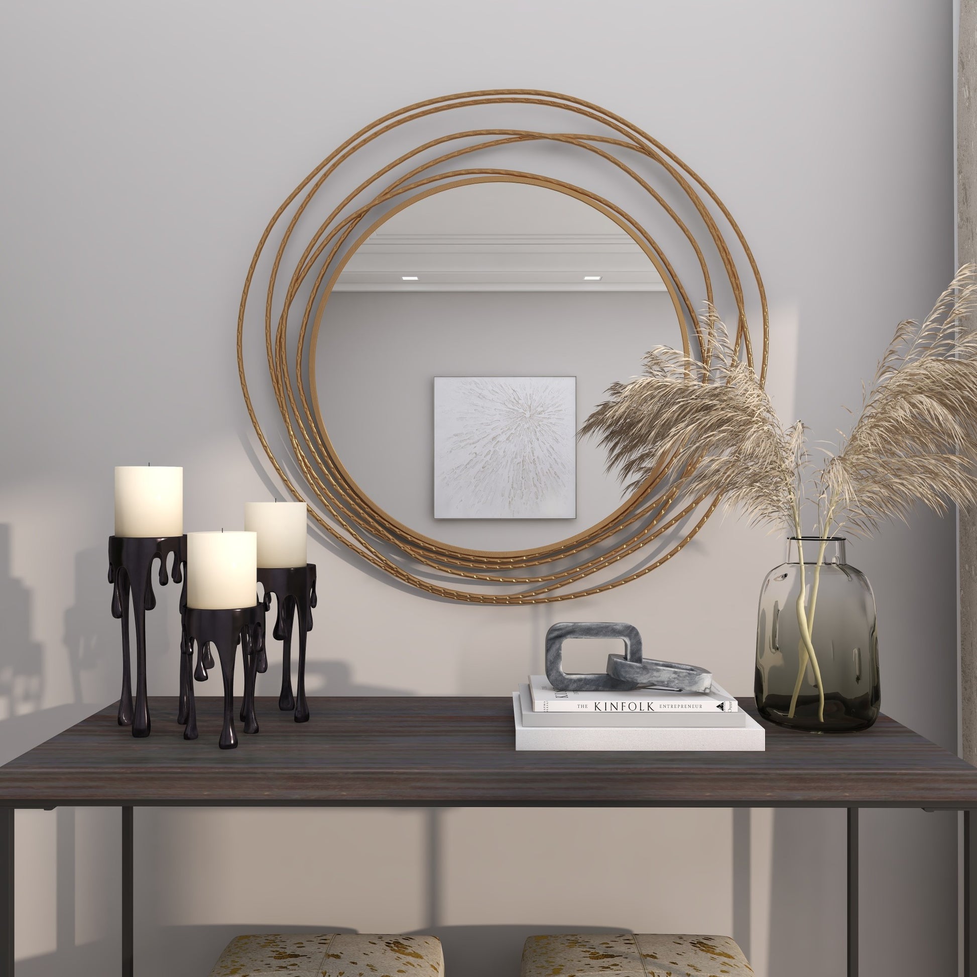 Gold Metal Room Wall Mirror with Overlapping Ring Frame