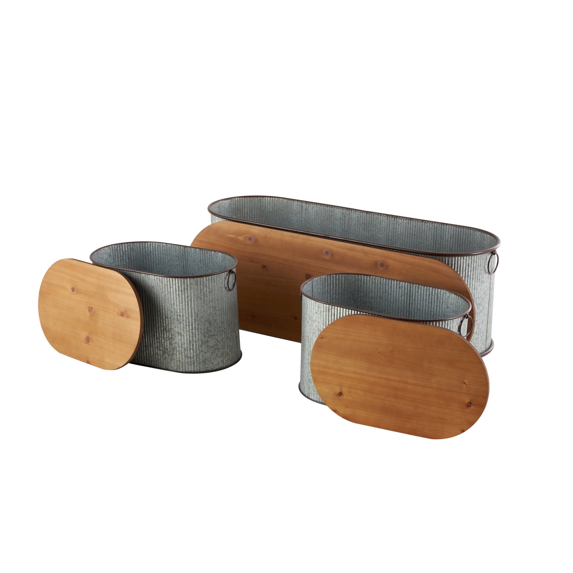 Set of 3 Silver Metal Room Storage Bench with Brown Wood Top